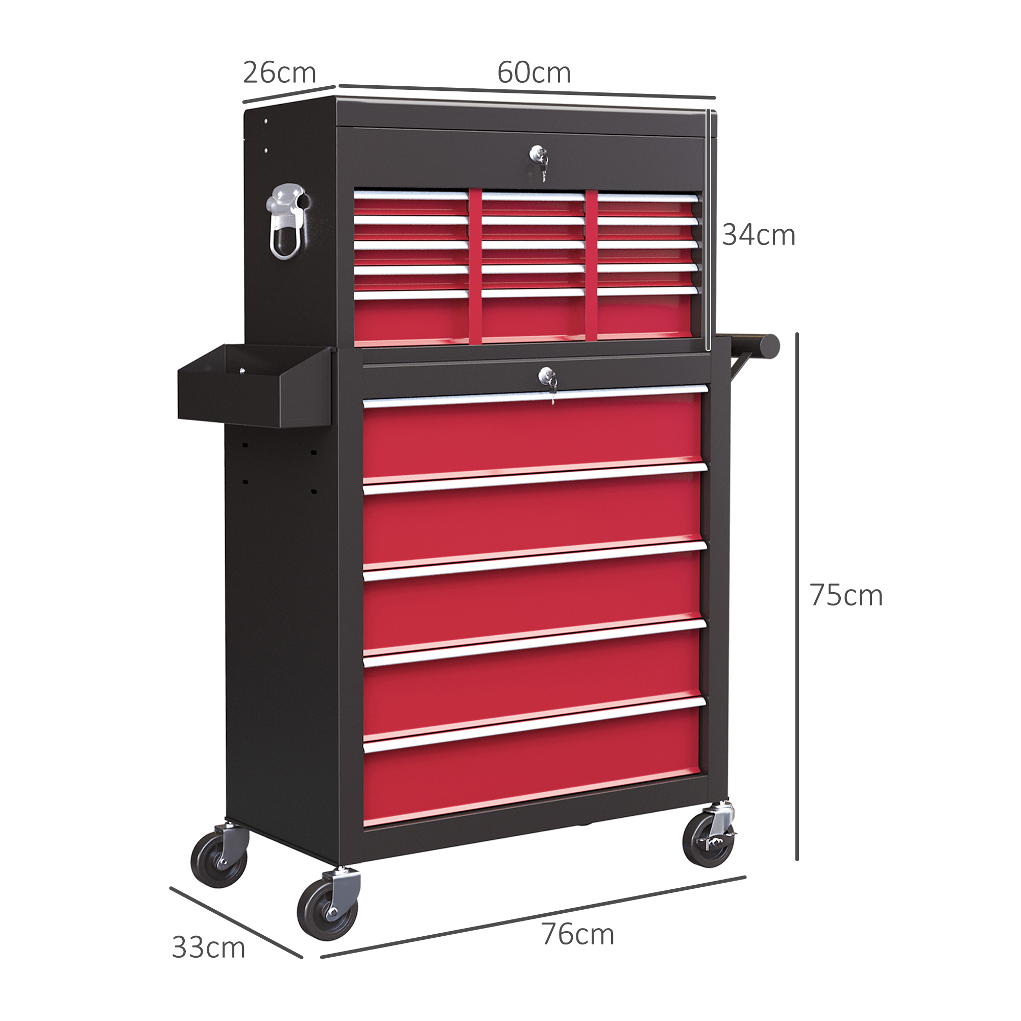 HOMCOM Gereedschapswagen, Tweedelig, Afsluitbaar, 14 Laden, Zijwand met Gaten, Staal, Rood