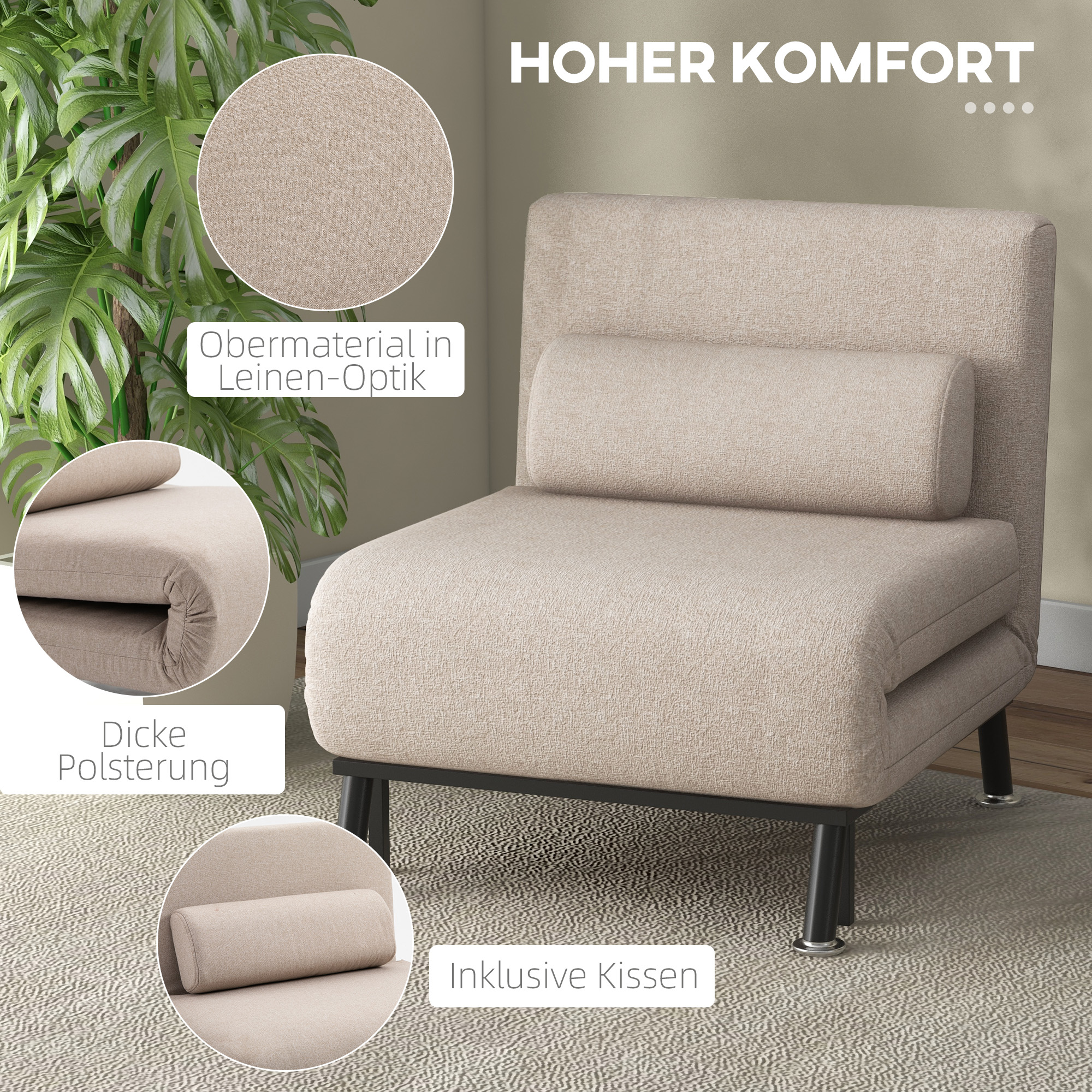 HOMCOM Opklapbare Stoel met Slaapfunctie, Opvouwbare Relaxstoel in Linnenlook, Verstelbare Rugleuning, 75 x 70 x 75 cm, Beige