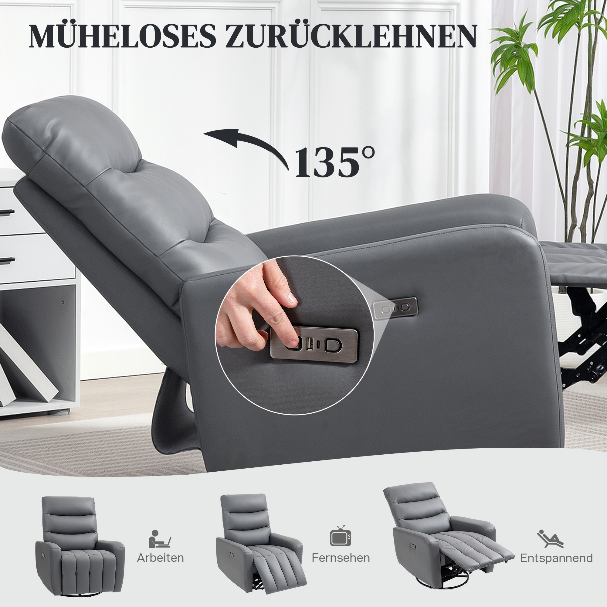 HOMCOM Relaxfauteuil, Gestoffeerde Stoel met Ligfunctie, Afstandsbediening, USB-aansluiting, Grijs
