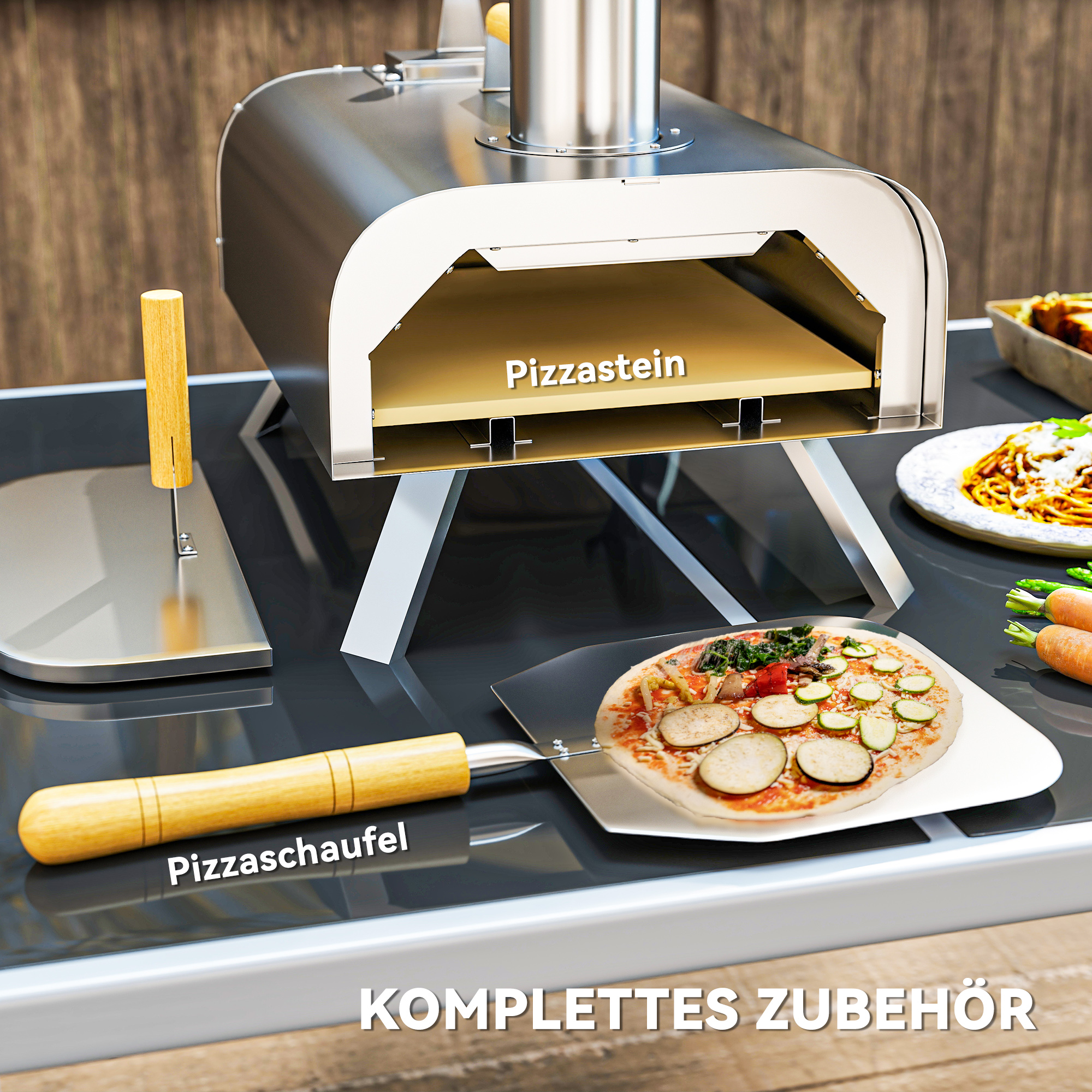 Outsunny Outdoor Pizzaoven, Draagbare Pizza-Oven met Pizzasteen en Schep, Opvouwbare Poten, Schoorsteen, Roestvrijstaal