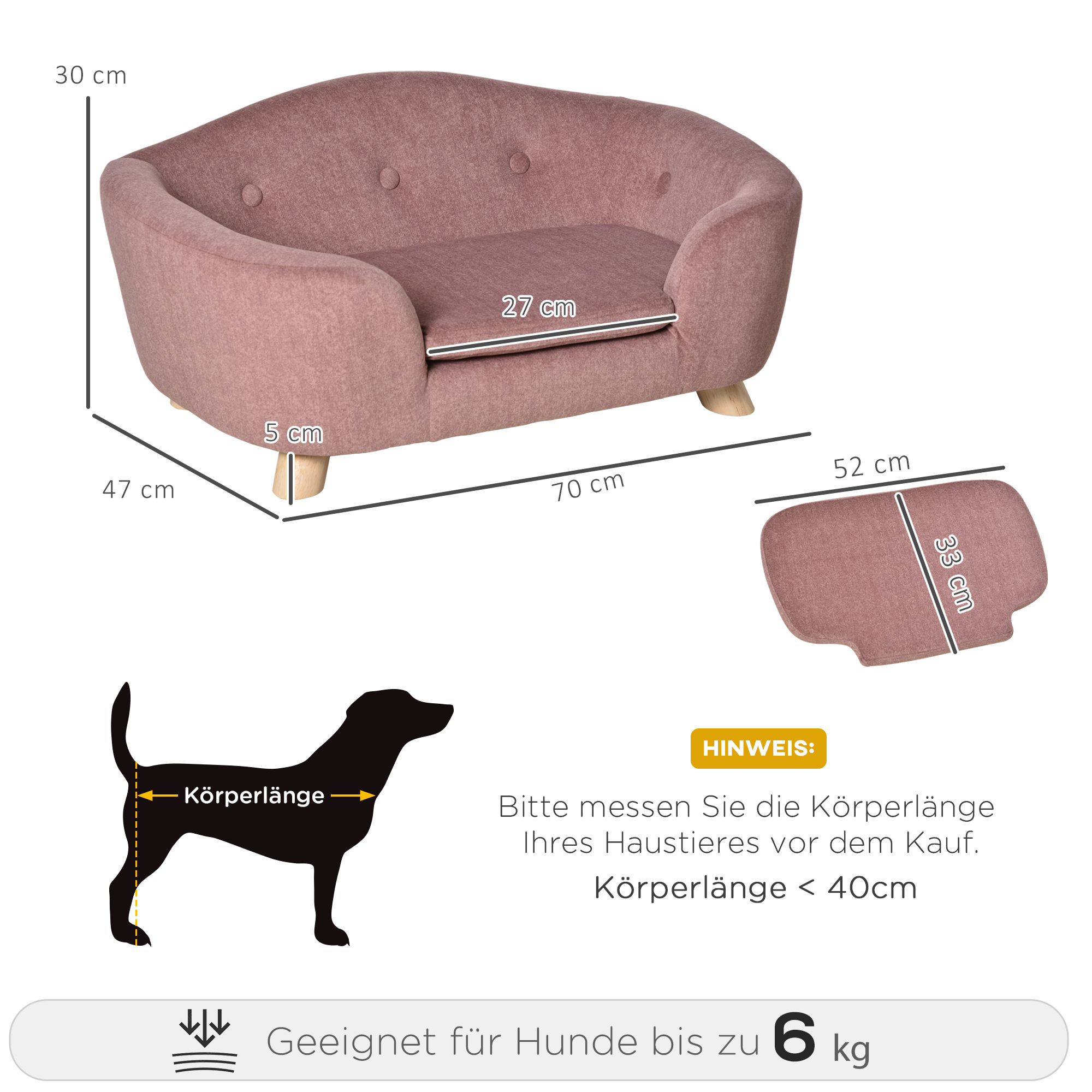 PawHut hondenbank hondenmat hondenmand hondenbank hondenbank katten bank met kussen achterzak pluche schuim grenen hout roze 70 x 47 x 30 cm
