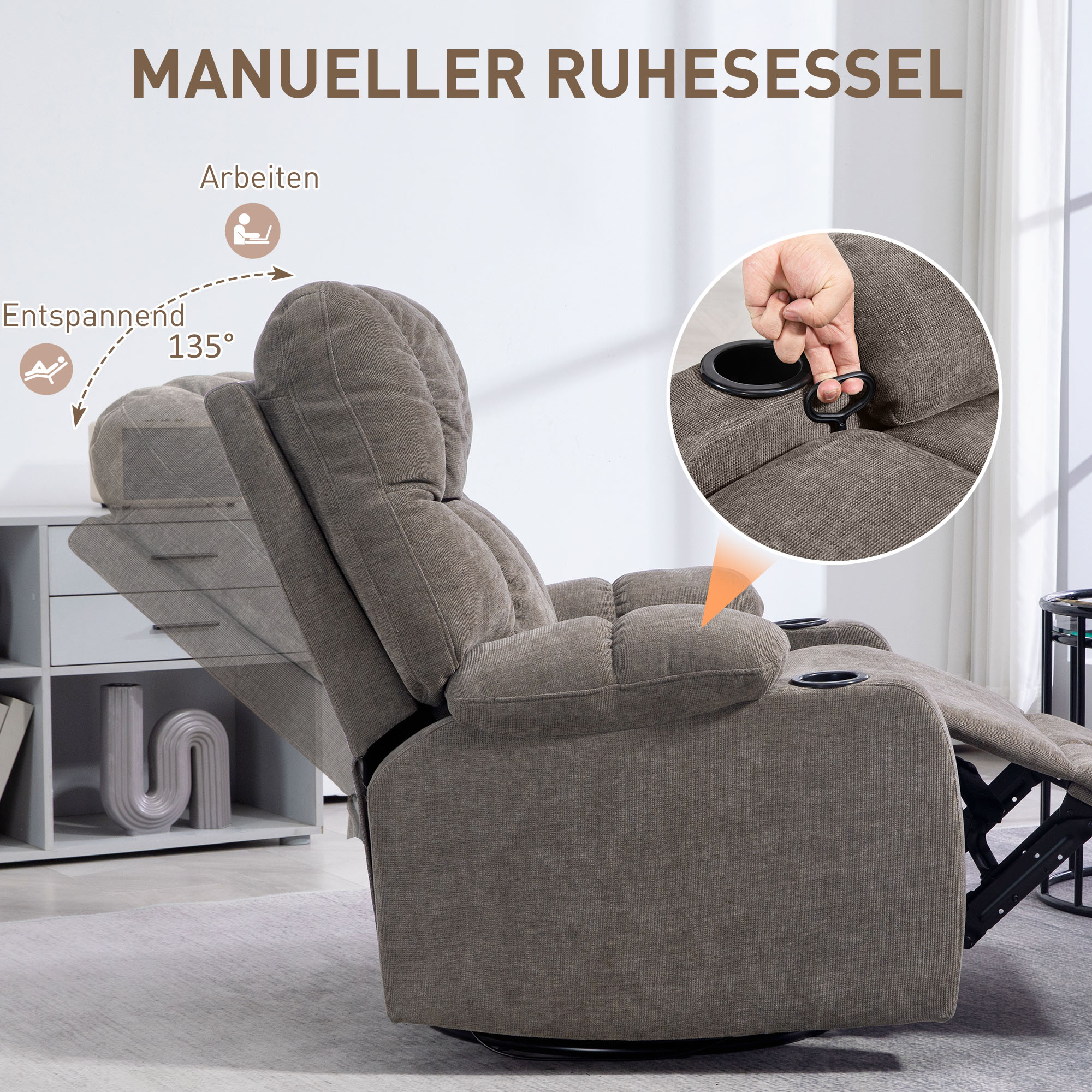 HOMCOM Relaxstoel met Voetensteun, Ligstoel, Draaibaar, Tot 150 kg, Stalen Frame, 88x96x108cm, Lichtbruin