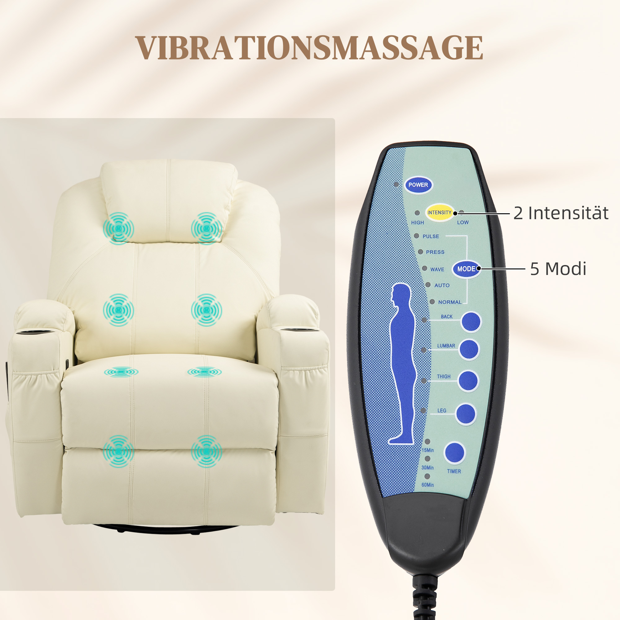 HOMCOM Relaxfauteuil met Massagefunctie, Kantelbare Rugleuning, Draaibaar, tot 150 kg, Kunstleer, Crèmewit