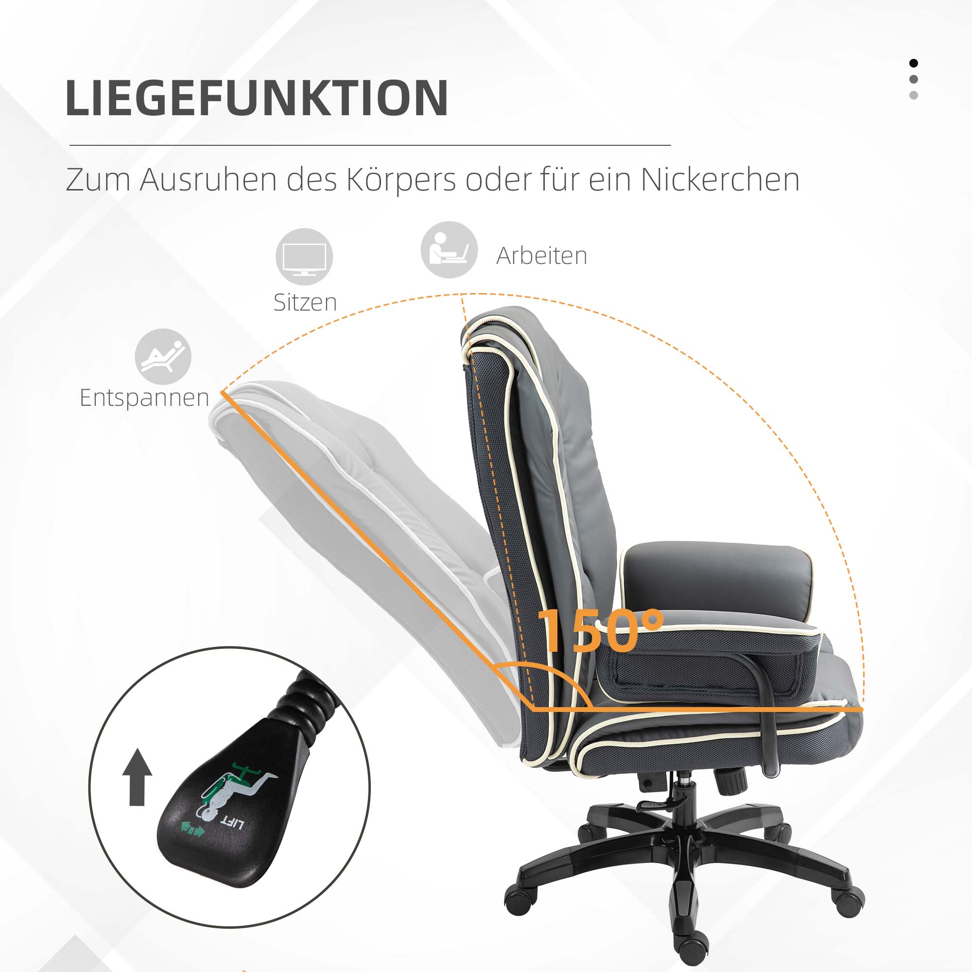 Vinsetto Ergonomische Bureaustoel, Extra Gevoerd, met Leunfunctie, Kunstleer, 76x80x118-124 cm, Donkergrijs