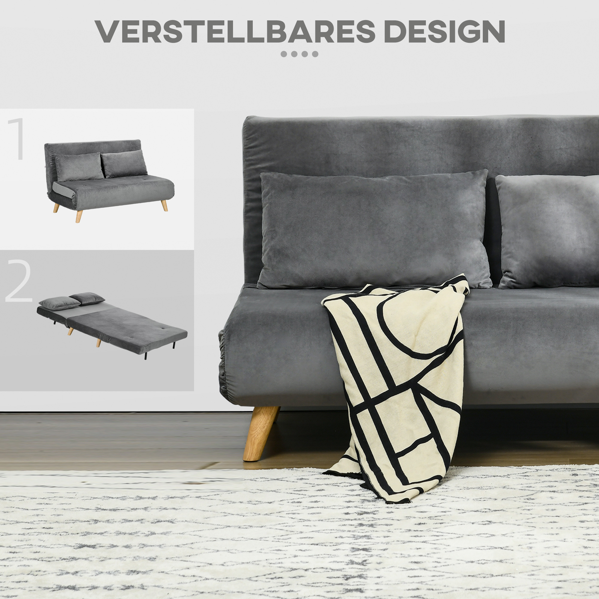 HOMCOM Schlafbank Relaxbank Bankstel, inclusief 2 kussens, fluweelachtige uitstraling, 130 x 78 x 79 cm, Grijs