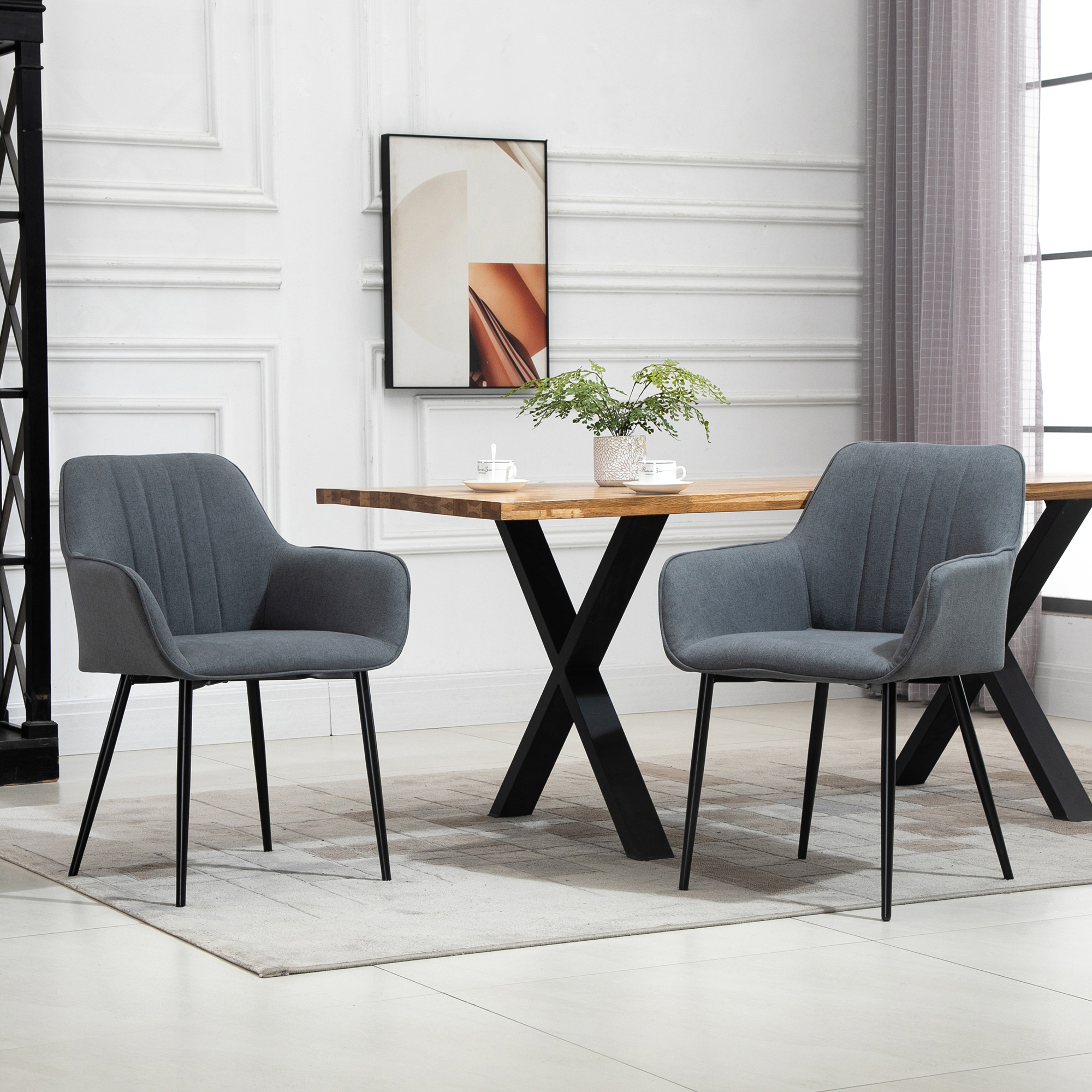 HOMCOM 6-Delige Set Eetkamerstoelen in Scandinavische Stijl met Linnen Bekleding - Donkergrijs
