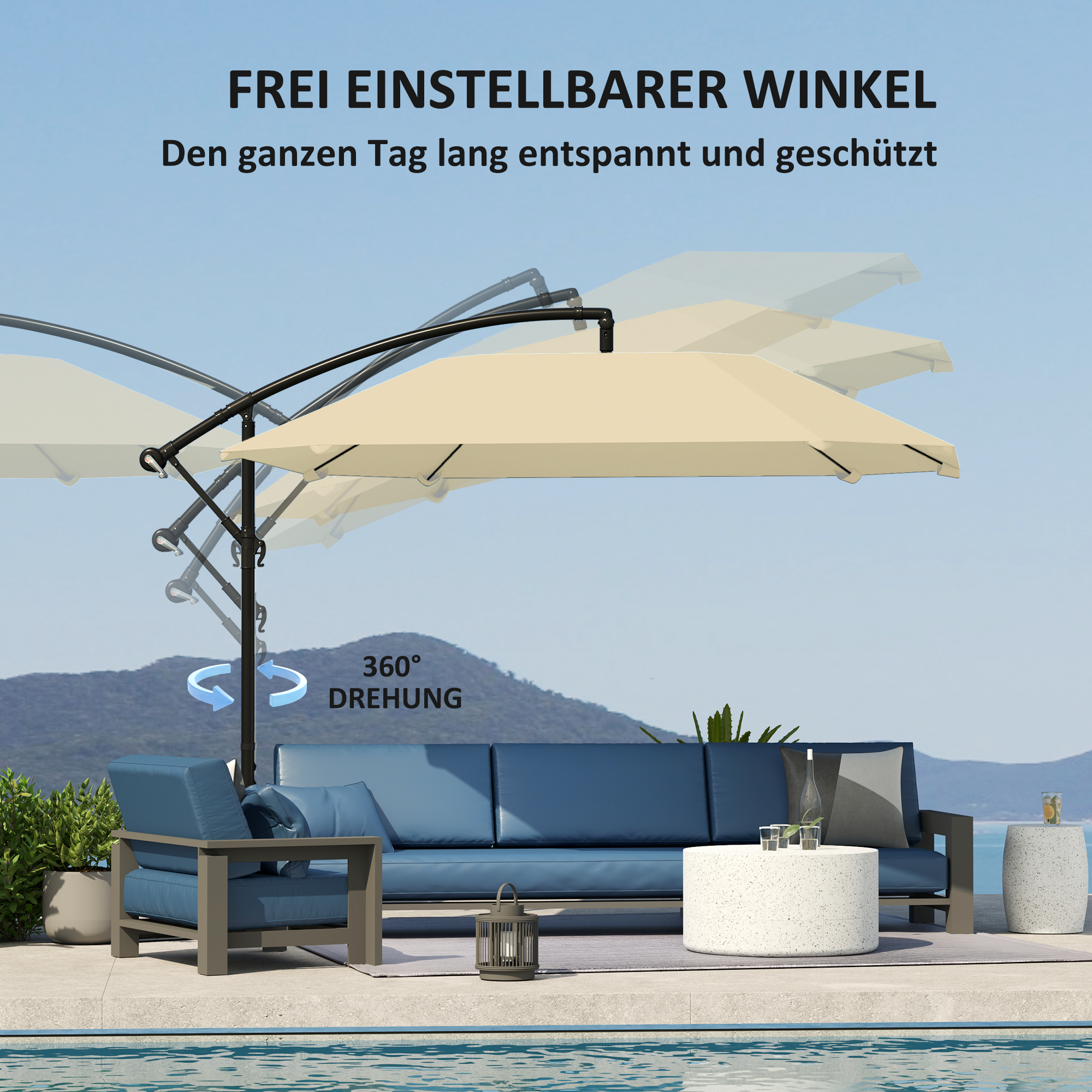 Outsunny Cantilever Parasol Alu Ø 260 cm, Waterdichte Slingerparasol met Standaard, Kruk, Beige