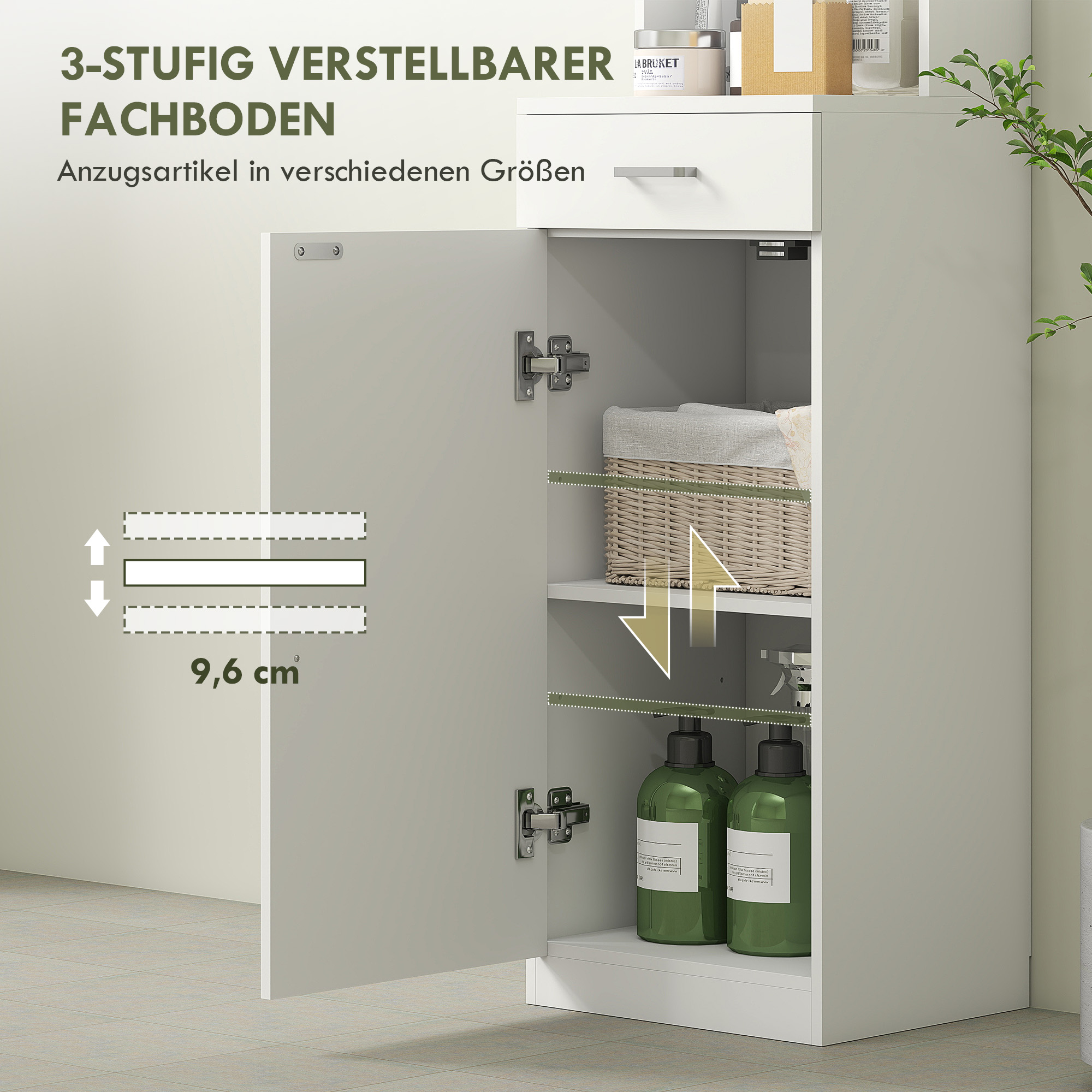 HOMCOM Hoge Badkamerkast, Smal Ontwerp, Lade, Schappen, Kast, Spaanplaat, Wit