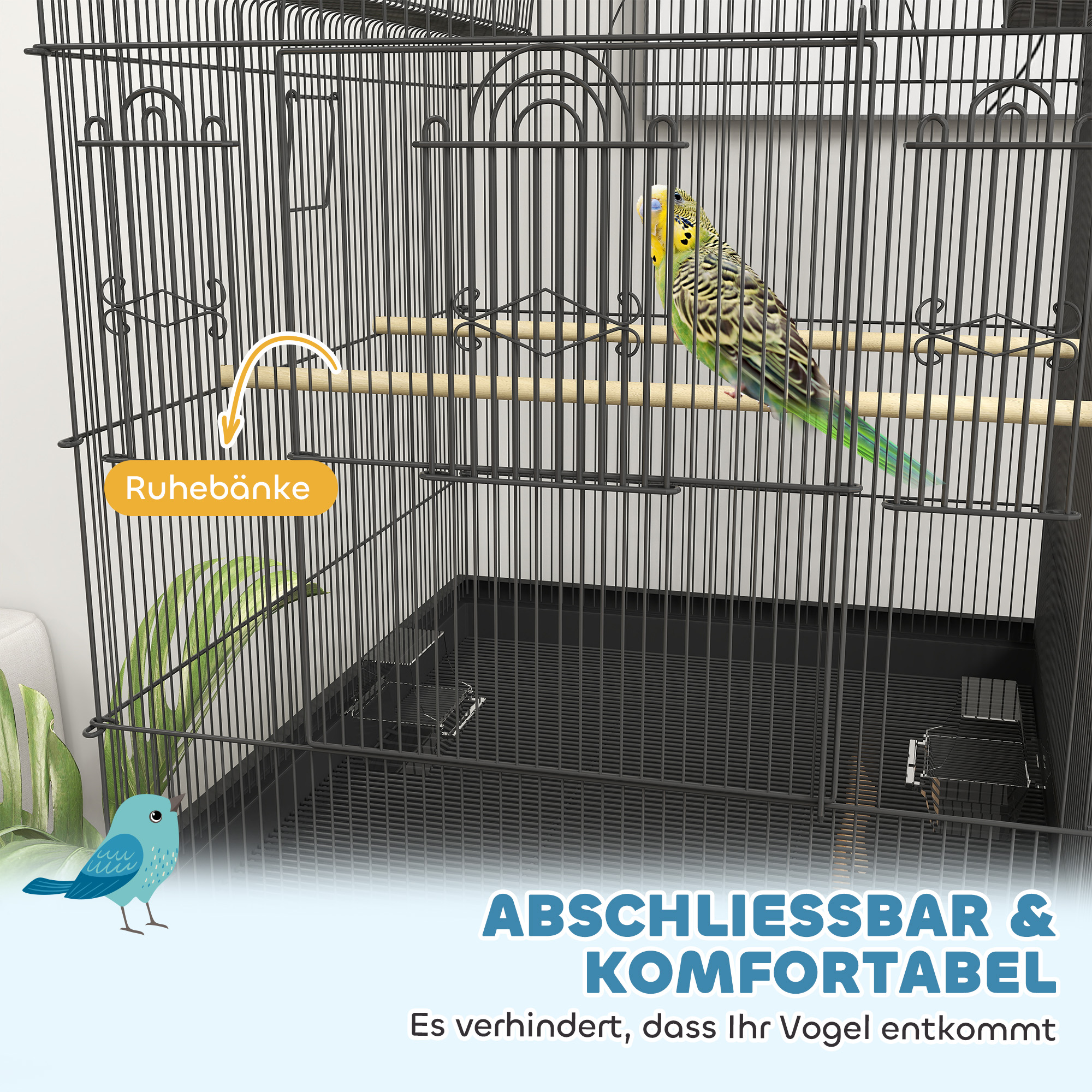 PawHut Mobiele Vogelkooi voor Kanaries & Parkieten, met Onderste Opbergruimte, Metalen Gaas, Zwart
