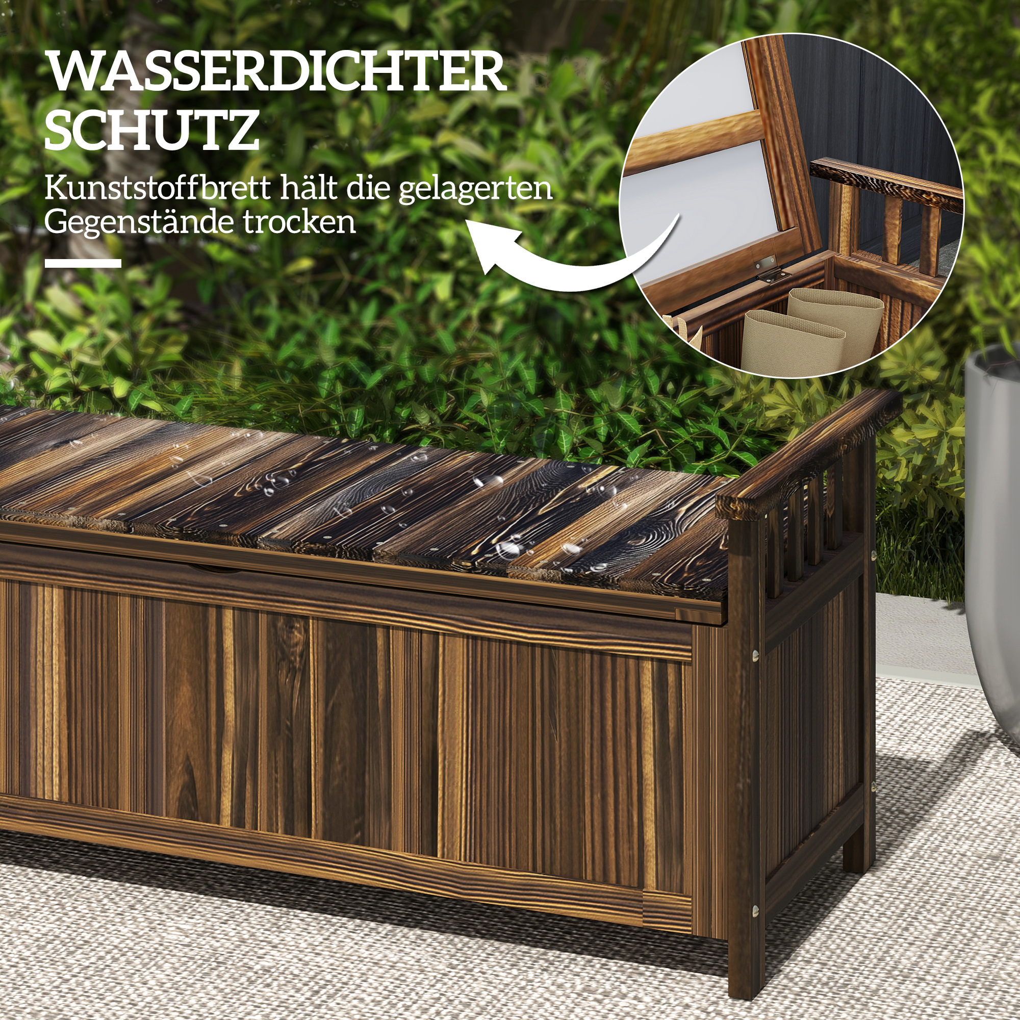 Outsunny 2-Zits Tuinbank van Hout met Weerbestendige Zitting, Tuinmeubilair met Opbergruimte en Armleuningen 128,5 x 56 x 53,5cm, Verkoold