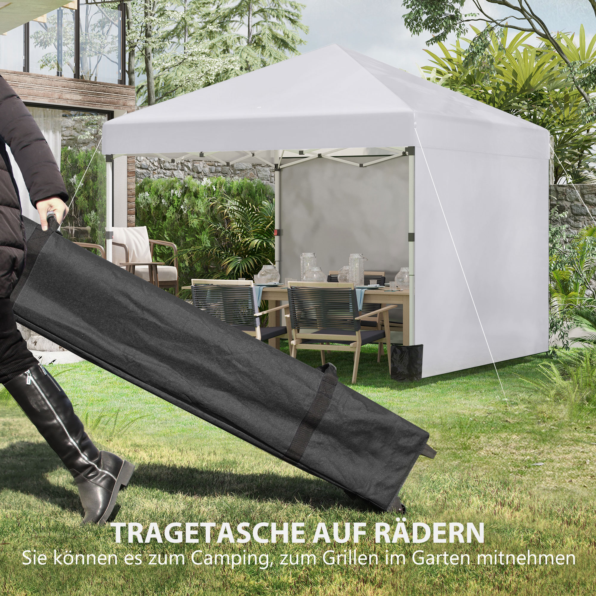 Outsunny Opvouwbare paviljoen met 2 zijwanden, verstelbare hoogte, inclusief draagtas, roestvrij stalen frame, 3x3 m, wit