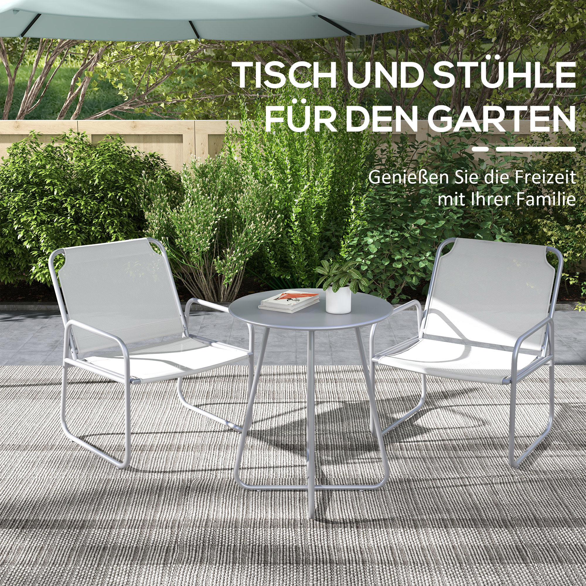 Outsunny 3-delige tuinmeubelset, 2 stoelen met ademende stoffen bekleding, 1 ronde tafel Ø60 cm, Lichtgrijs