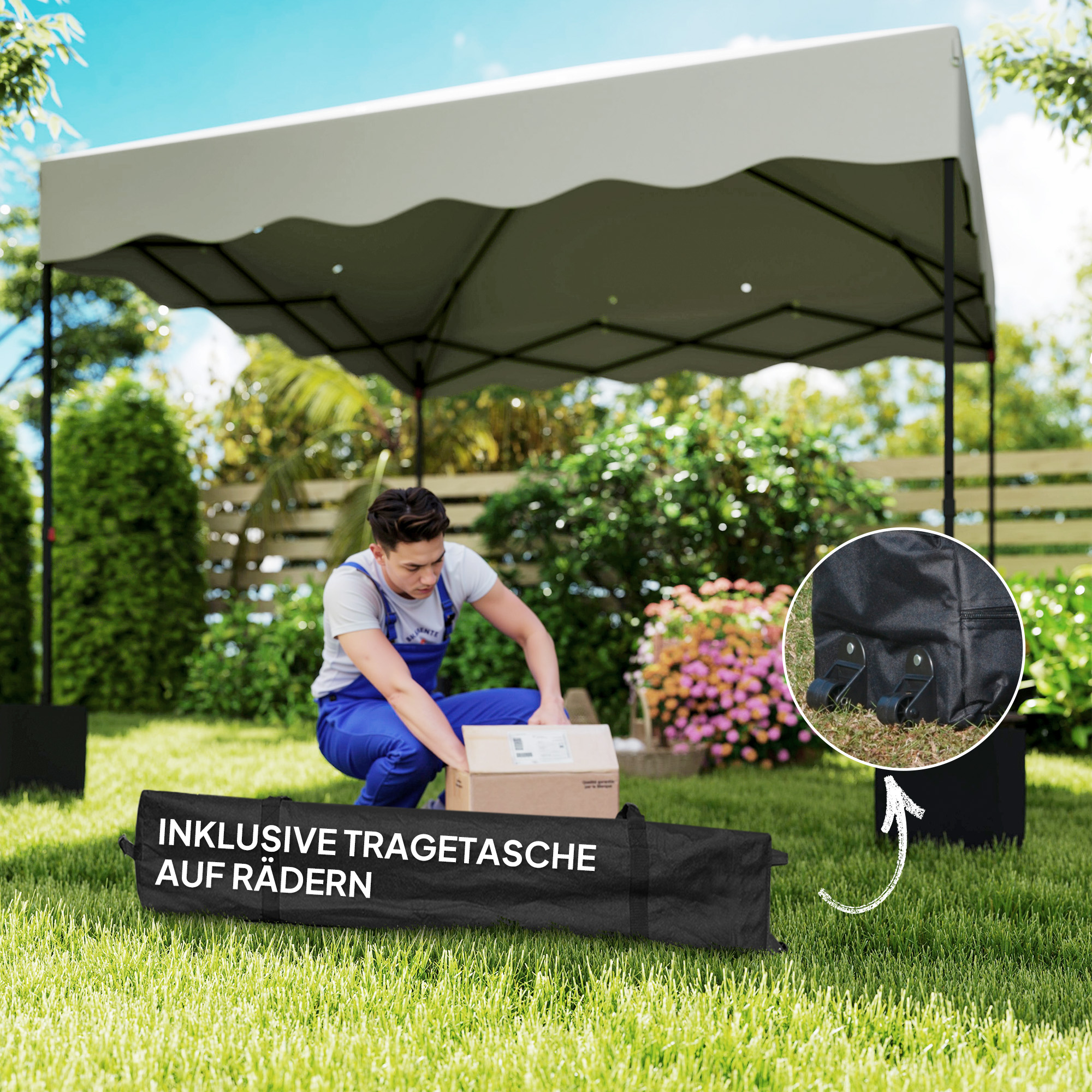 Outsunny 3 x 3 m Pop-up Paviljoen, Hoogteverstelbare Tuintent, met Roltas, voor Tuin, Terras, Metaal, Stof, Crèmewit