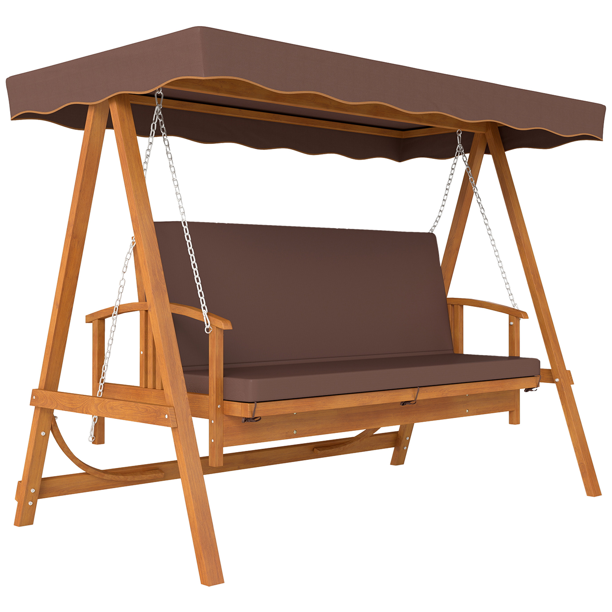 Outsunny Hollywoodschommel met Zonnedak, Echthouten Tuinschommel, Schommelbank met Ligfunctie, Voor 3 Personen, Bruin