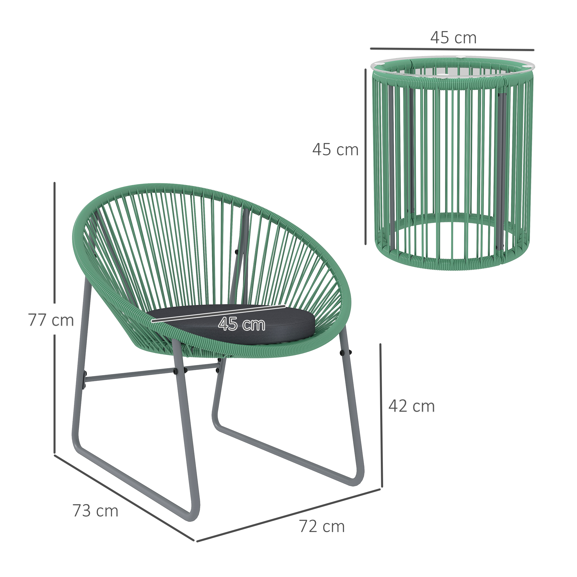 Outsunny 3-delig Buitenmeubelset, 1 Tafel, 2 Stoelen, Glazen Tafelblad, Kunststof-Rattan om Stalen Frame, Zachte Kussens, Groen