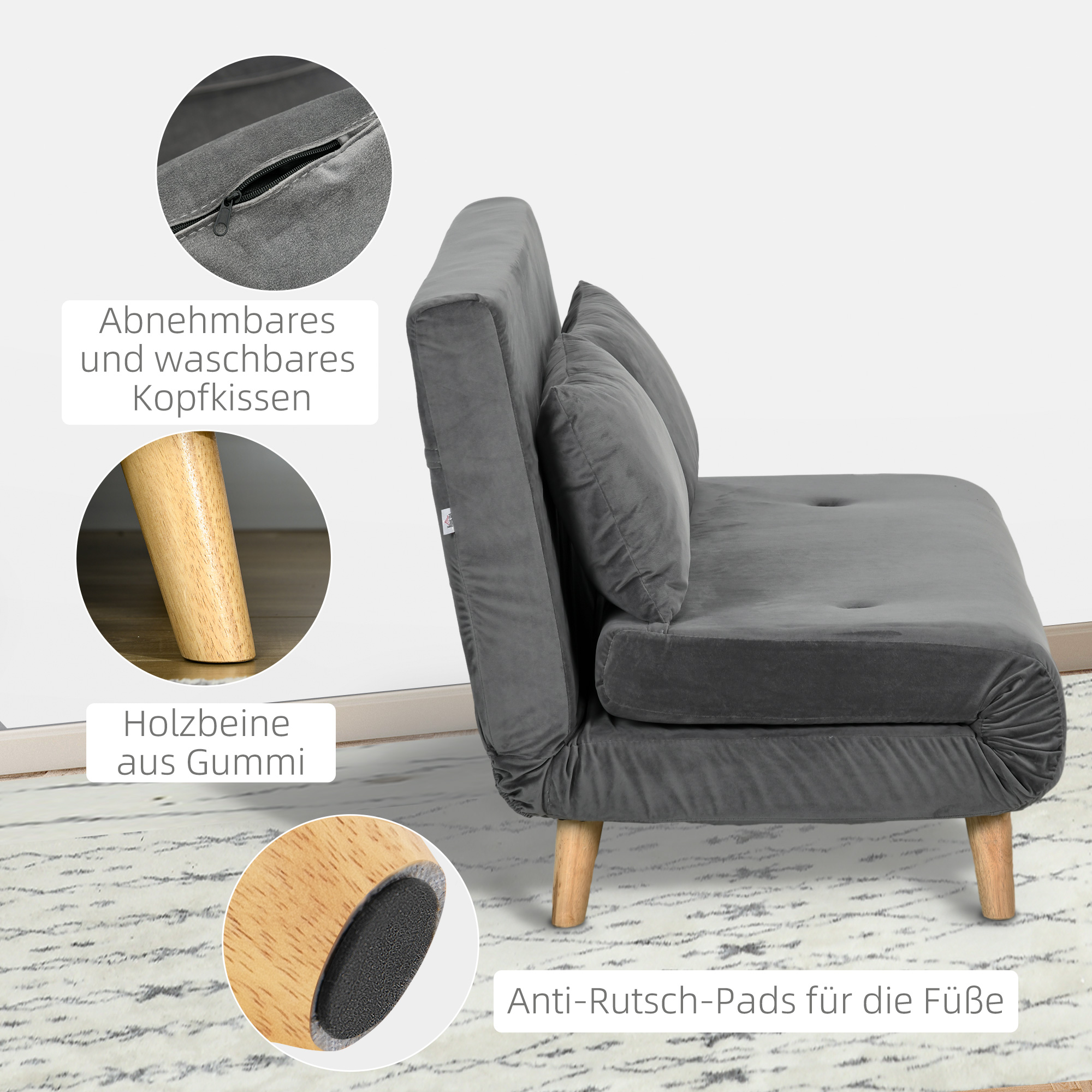 HOMCOM Schlafbank Relaxbank Bankstel, inclusief 2 kussens, fluweelachtige uitstraling, 130 x 78 x 79 cm, Grijs