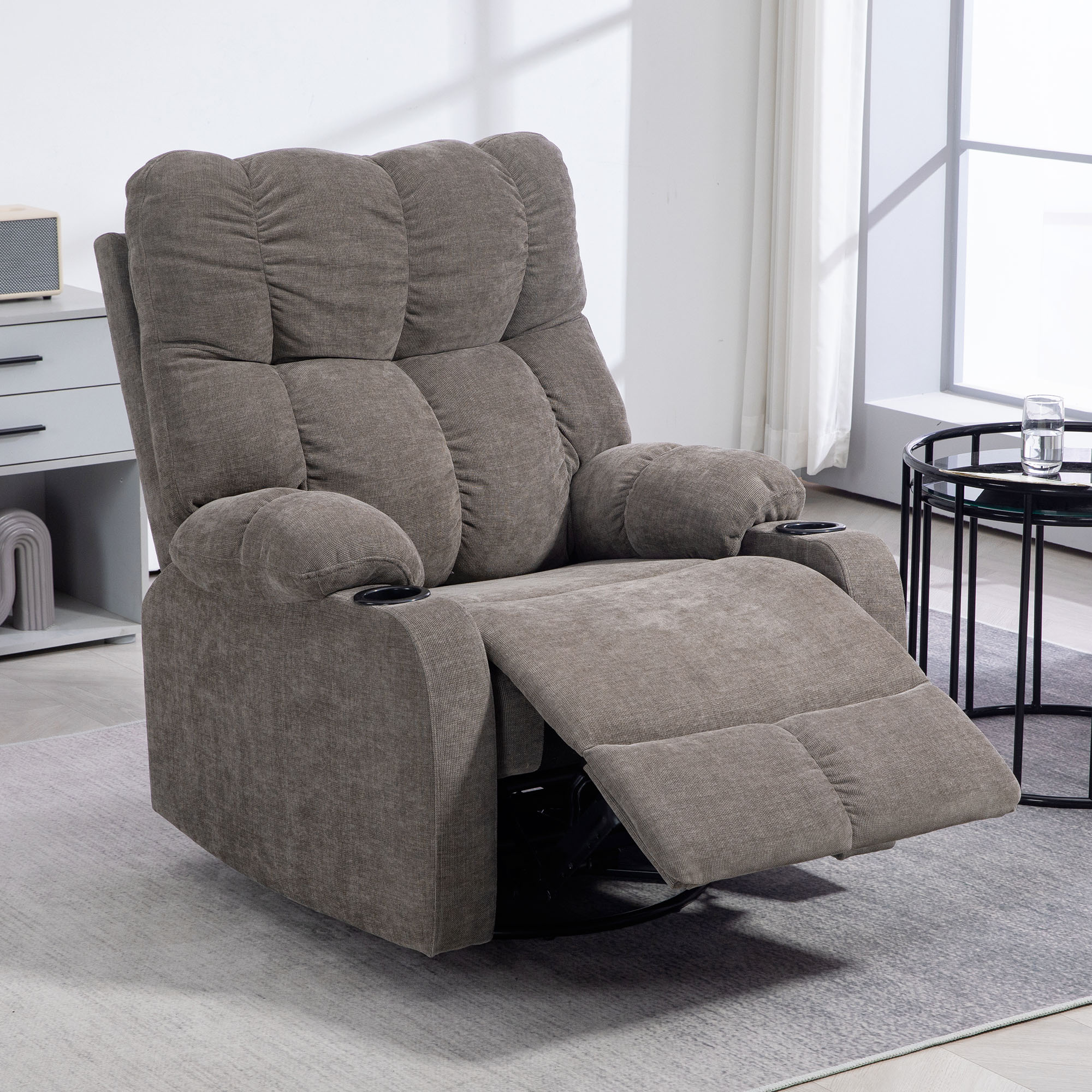 HOMCOM Relaxstoel met Voetensteun, Ligstoel, Draaibaar, Tot 150 kg, Stalen Frame, 88x96x108cm, Lichtbruin