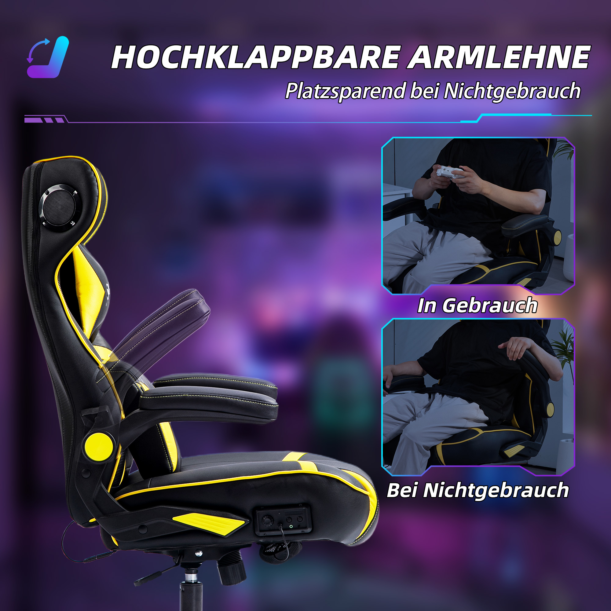 Vinsetto Gaming Stoel met Schommelfunctie en Luidspreker, Lenden- en Neksteun, voor Spelkamer, Kunstleer, Geel+Zwart