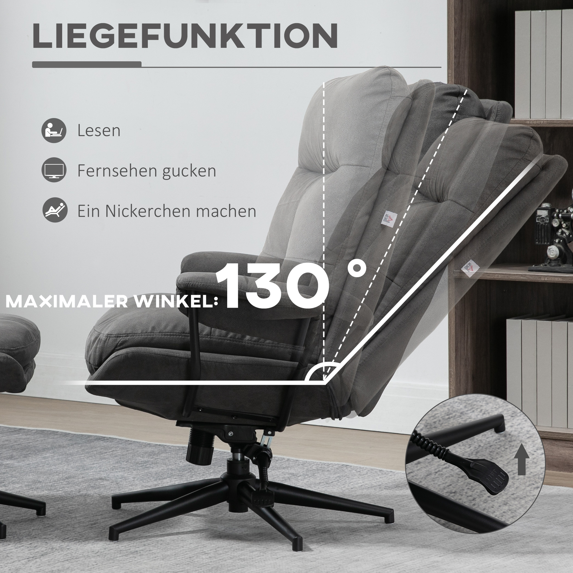 HOMCOM relaxfauteuil met kruk, draaivoet, tv-fauteuil met ligfunctie