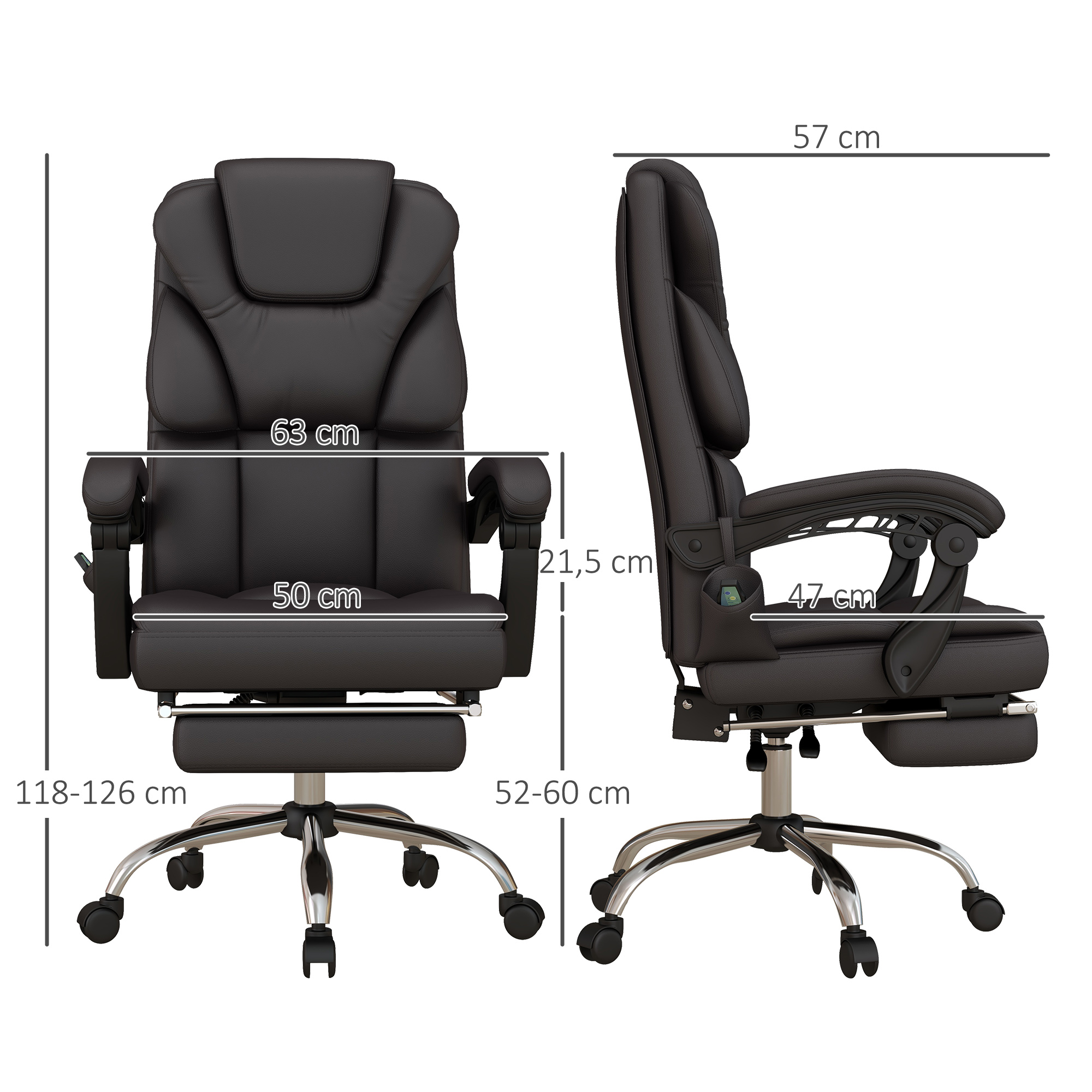 Vinsetto Ergonomische Bureaustoel met Massage en Ligfunctie, 63x57x118, Bruin