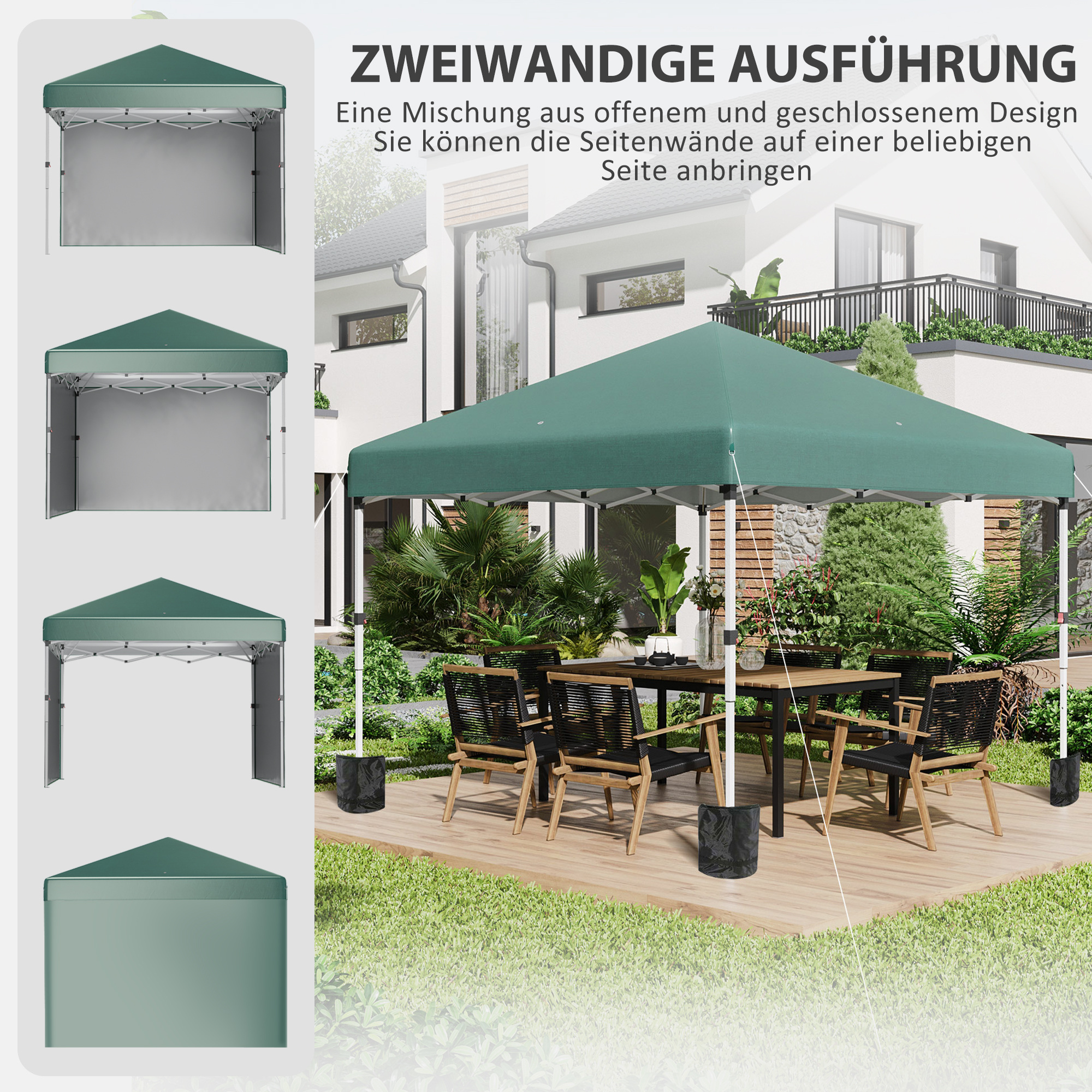 Outsunny Opvouwbare Paviljoen, 2 Zijwanden, Hoogteverstelbaar, Inclusief Transporttas, Roestvrij Stalen Frame, 3 x 3 m, Groen