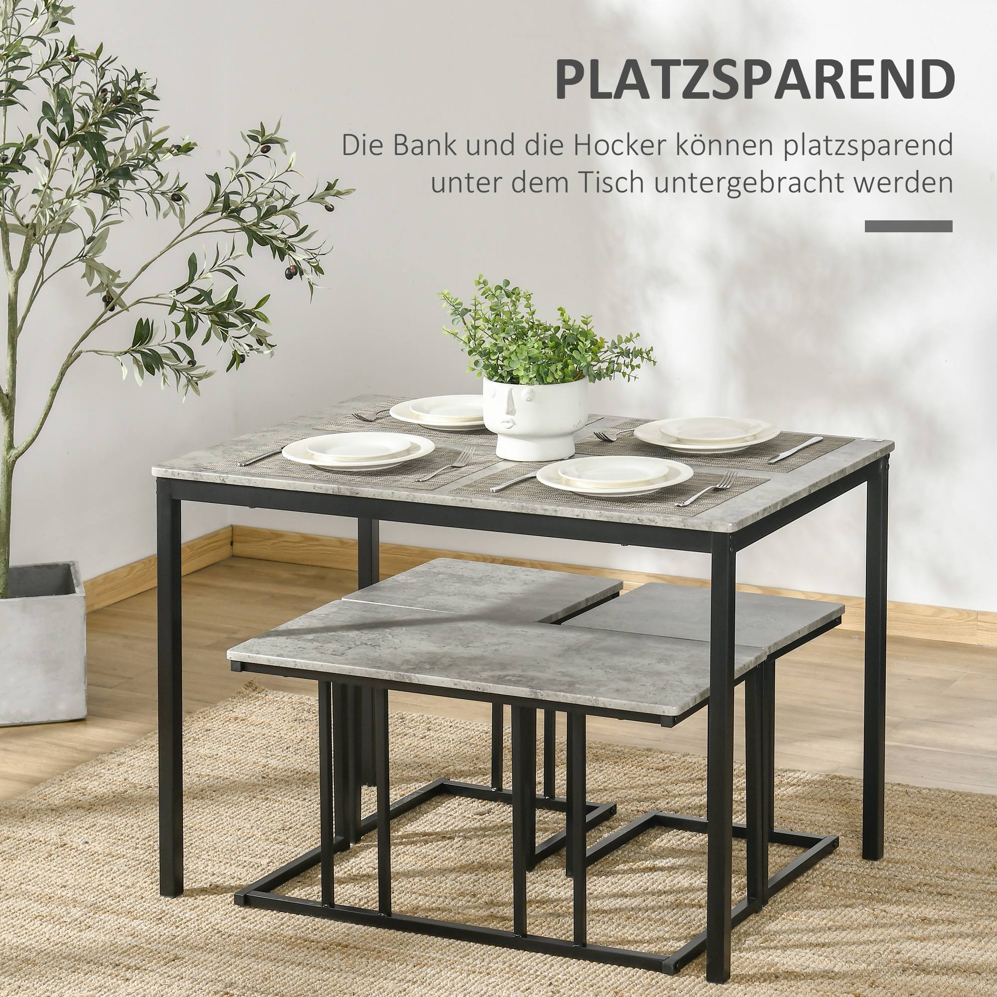 HOMCOM Eetset, 4-delig, Tafel, 2 Krukken en Bank, Compact, Metalen Frame, Grijs