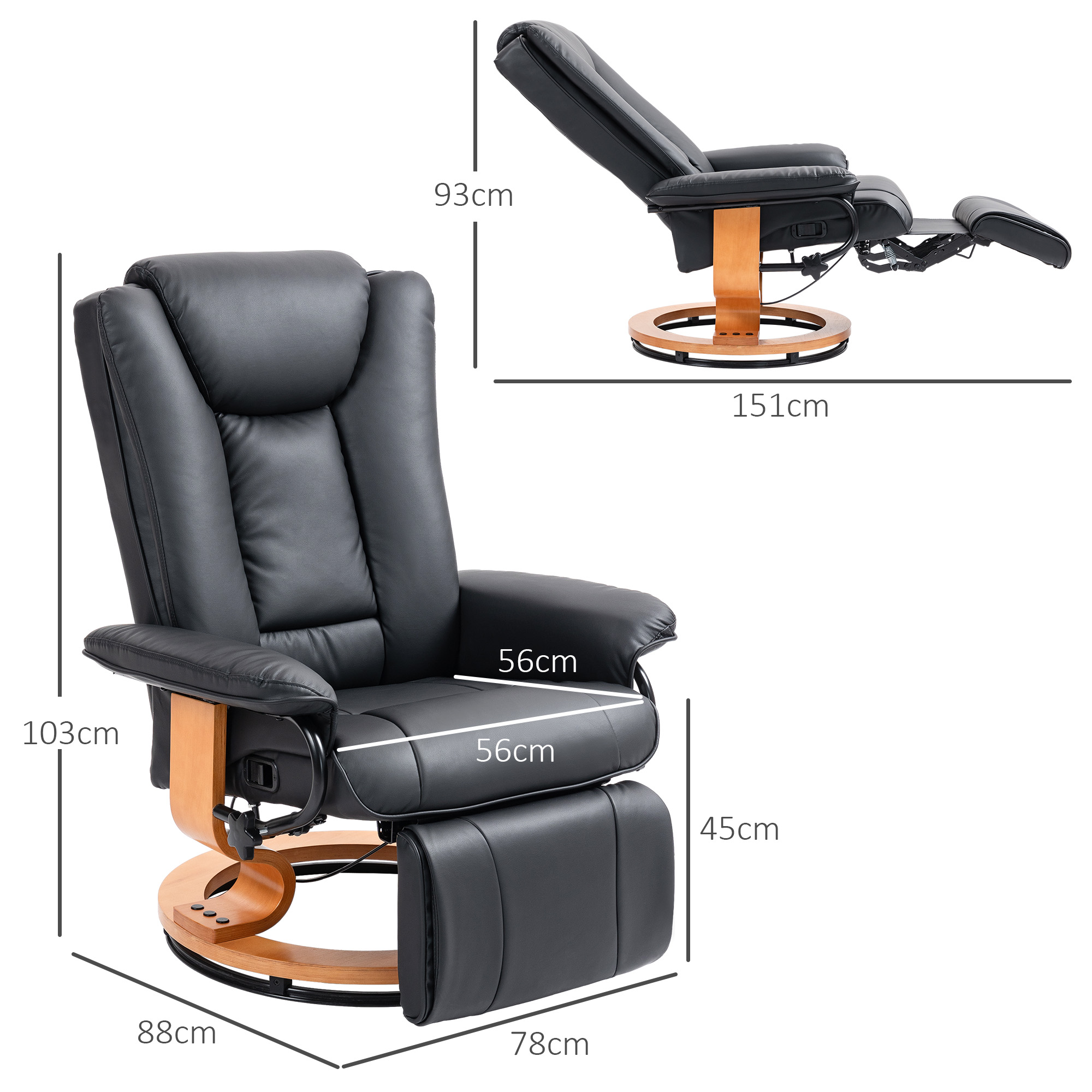 HOMCOM Relaxstoel met Ligfunctie, Draaibaar, tot 150 kg, Kunstlederbekleding, Stalen Frame, Zwart