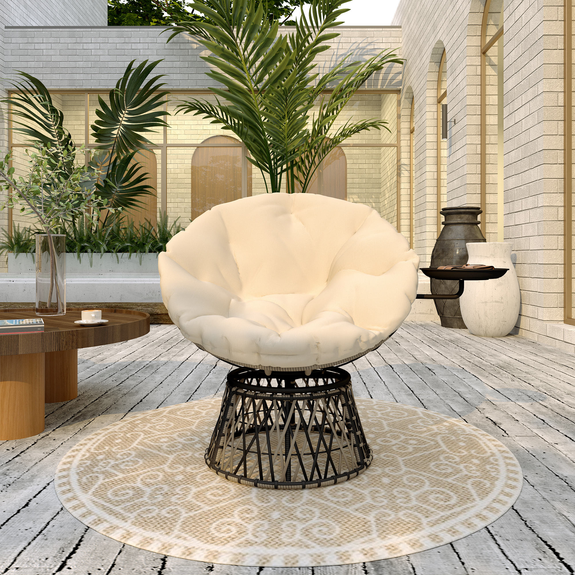 Outsunny 360° Draaibare Rattan Papasan Stoel met Kussen, Diameter 90 cm, Beige