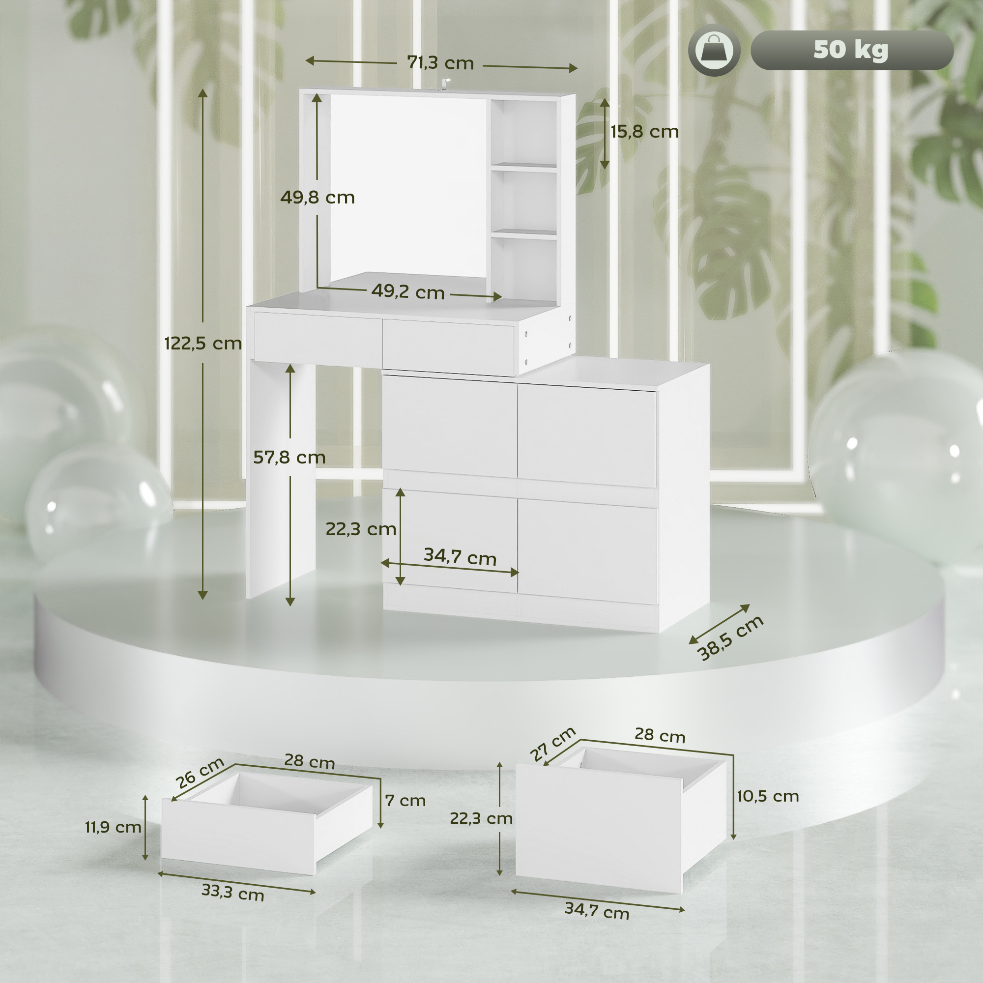 HOMCOM Kaptafel, Makeup-Tafel met Grote Spiegel, 4 Laden, 3 Open Vakken, 2 Kasten, MDF, Wit