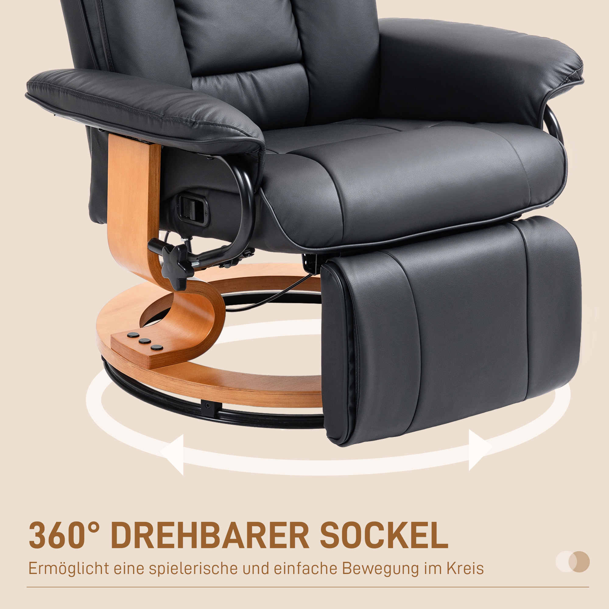 HOMCOM Relaxstoel met Ligfunctie, Draaibaar, tot 150 kg, Kunstlederbekleding, Stalen Frame, Zwart
