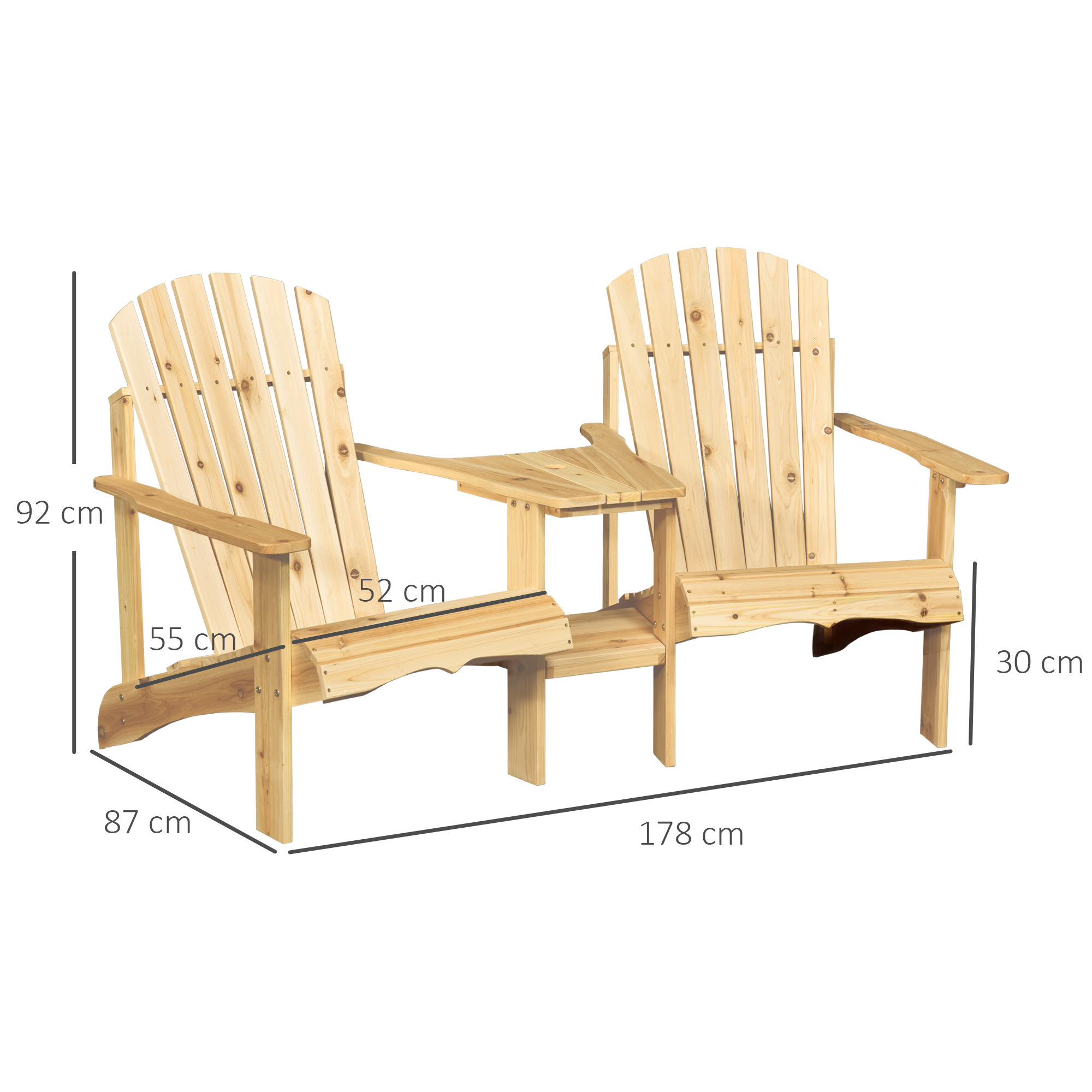 Outsunny 2 tuinstoelen met bijzettafel naturel dennenhout 178 x 87 x 92 cm