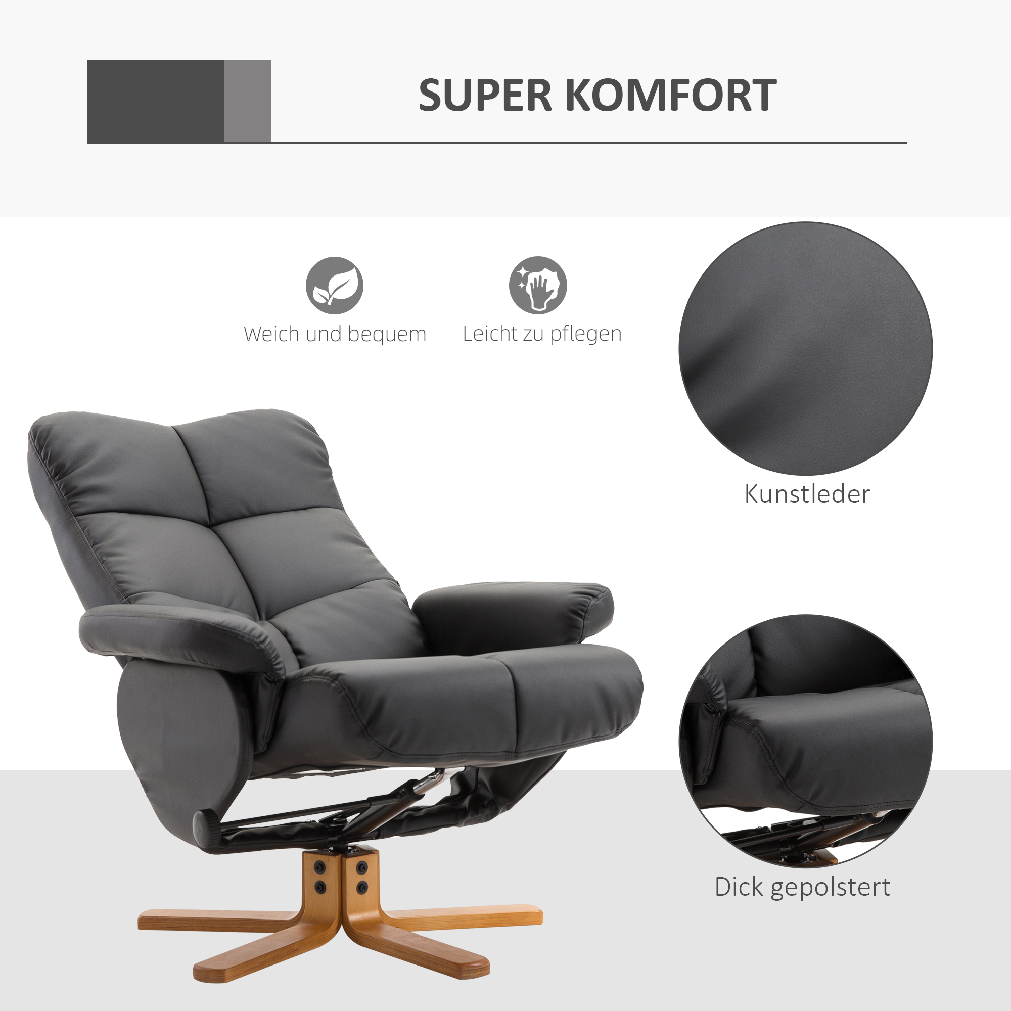 HOMCOM Relaxstoel met kruk tv-stoel 360° draaibaar ligfunctie hout zwart
