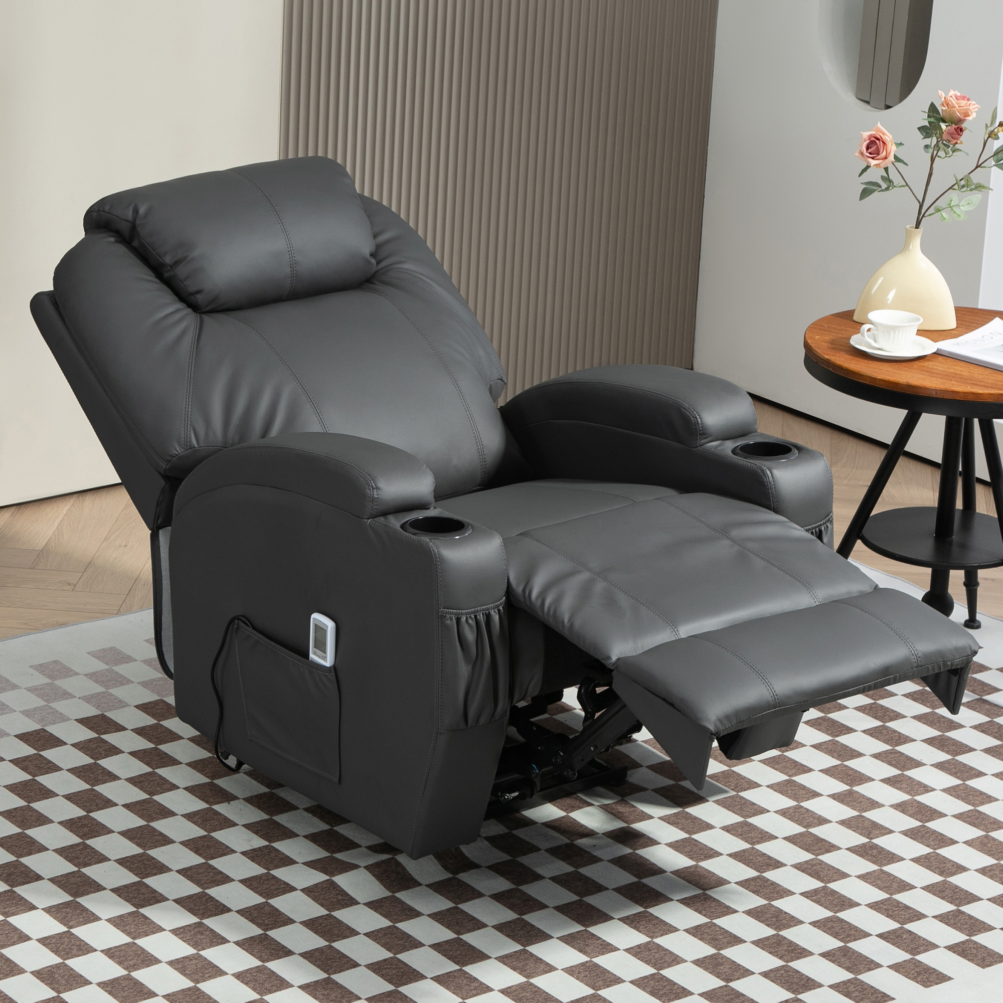 HOMCOM Massagestoel, elektrisch verstelbaar, 8 vibratiepunten, bekerhouder, kunstleer, donkergrijs