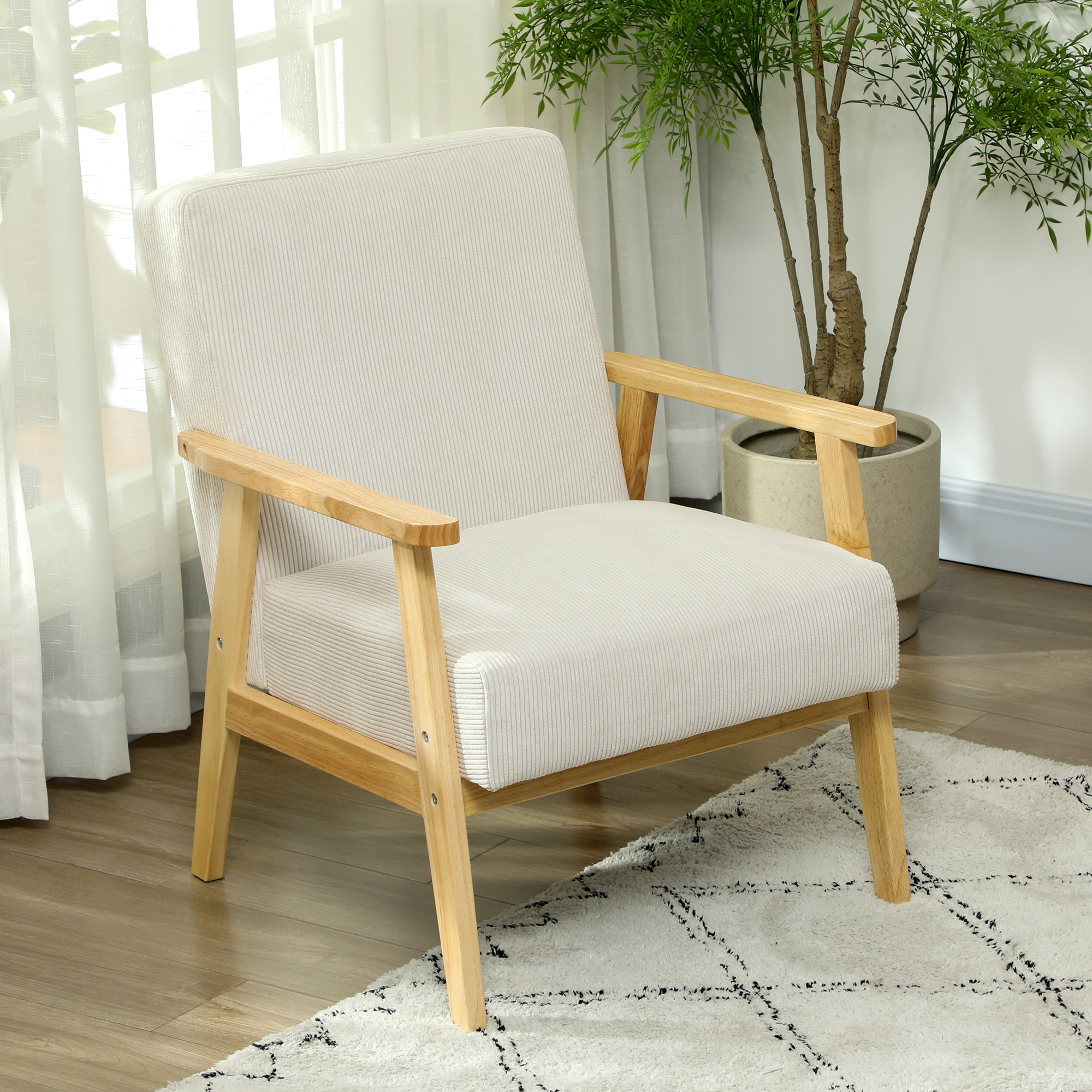 HOMCOM Moderne Fauteuil met Armleuningen, Stoffen Bekleding, van Rubberhout, Accentstoel, Draagvermogen 120 kg, Roomwit