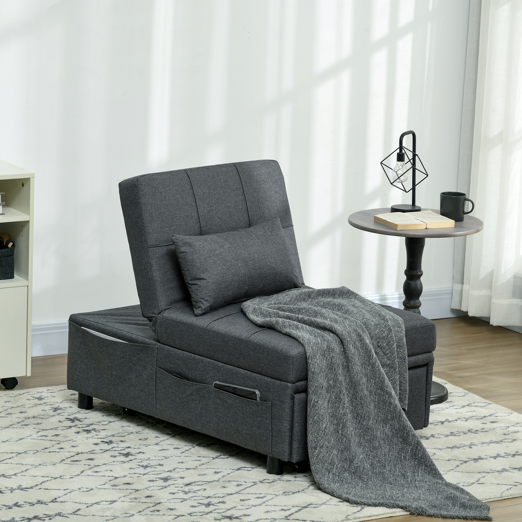 HOMCOM Ligstoel Slaapstoel 3-in-1 Stoel, linnenlook, inclusief kussen, 65,5 cm x 104 cm x 81 cm, Donkergrijs