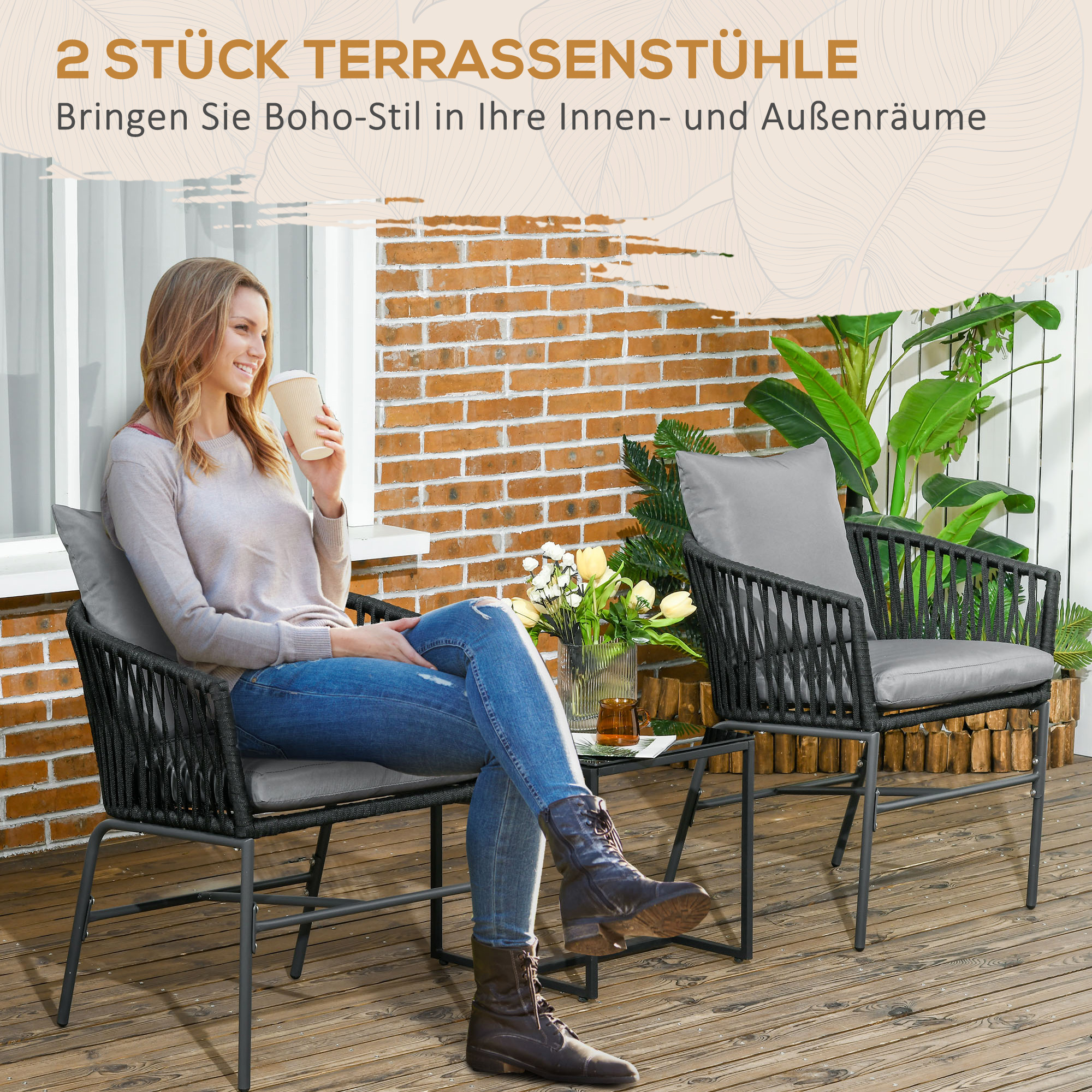 Outsunny Set van 2 Buitenkrukken, Boho-Design, Zit- en Rugkussens, Comfortabele Zitting, Metalen Frame, Donkergrijs