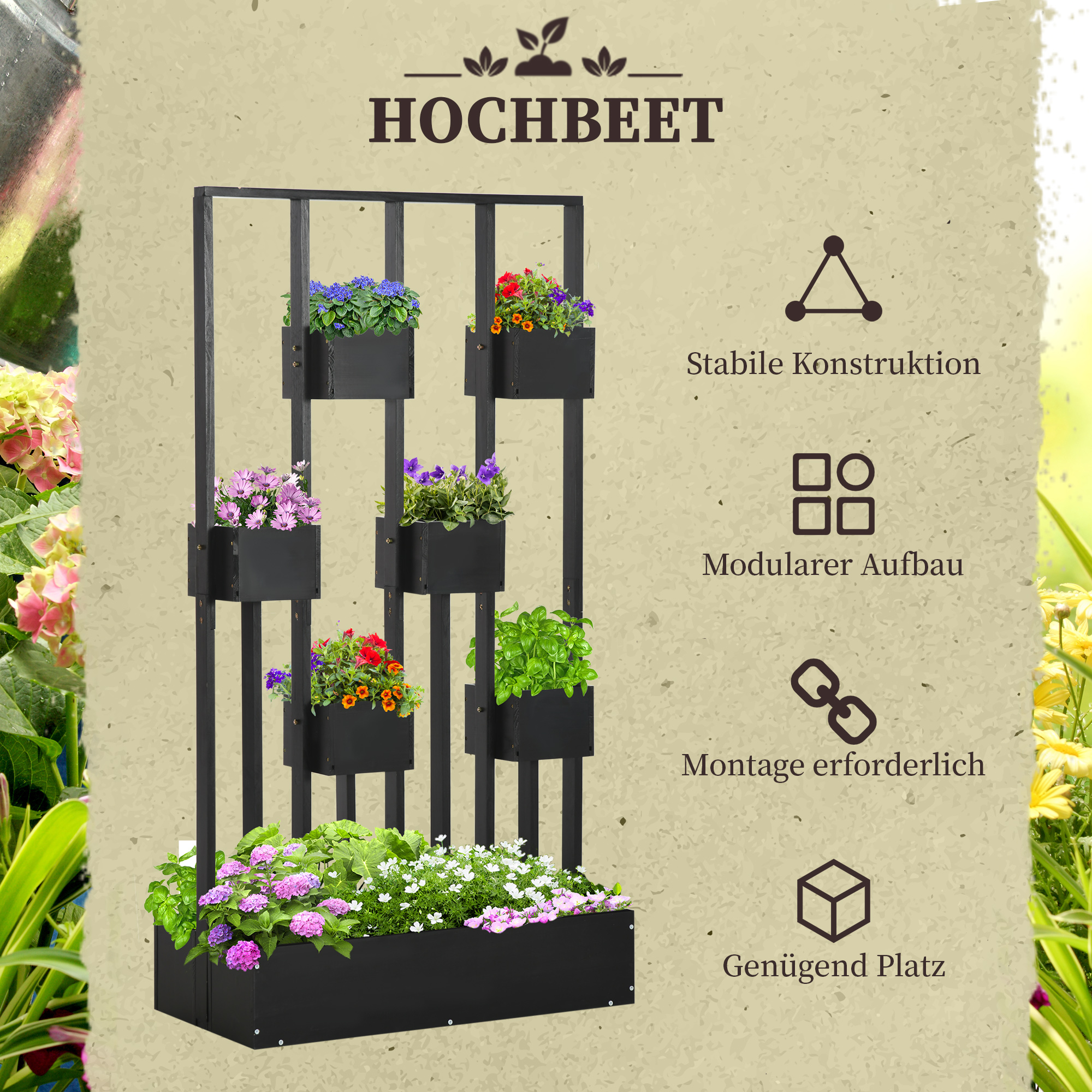 Outsunny bloembak, verhoogd bed, plantenbak met latwerk muur groentebed hout