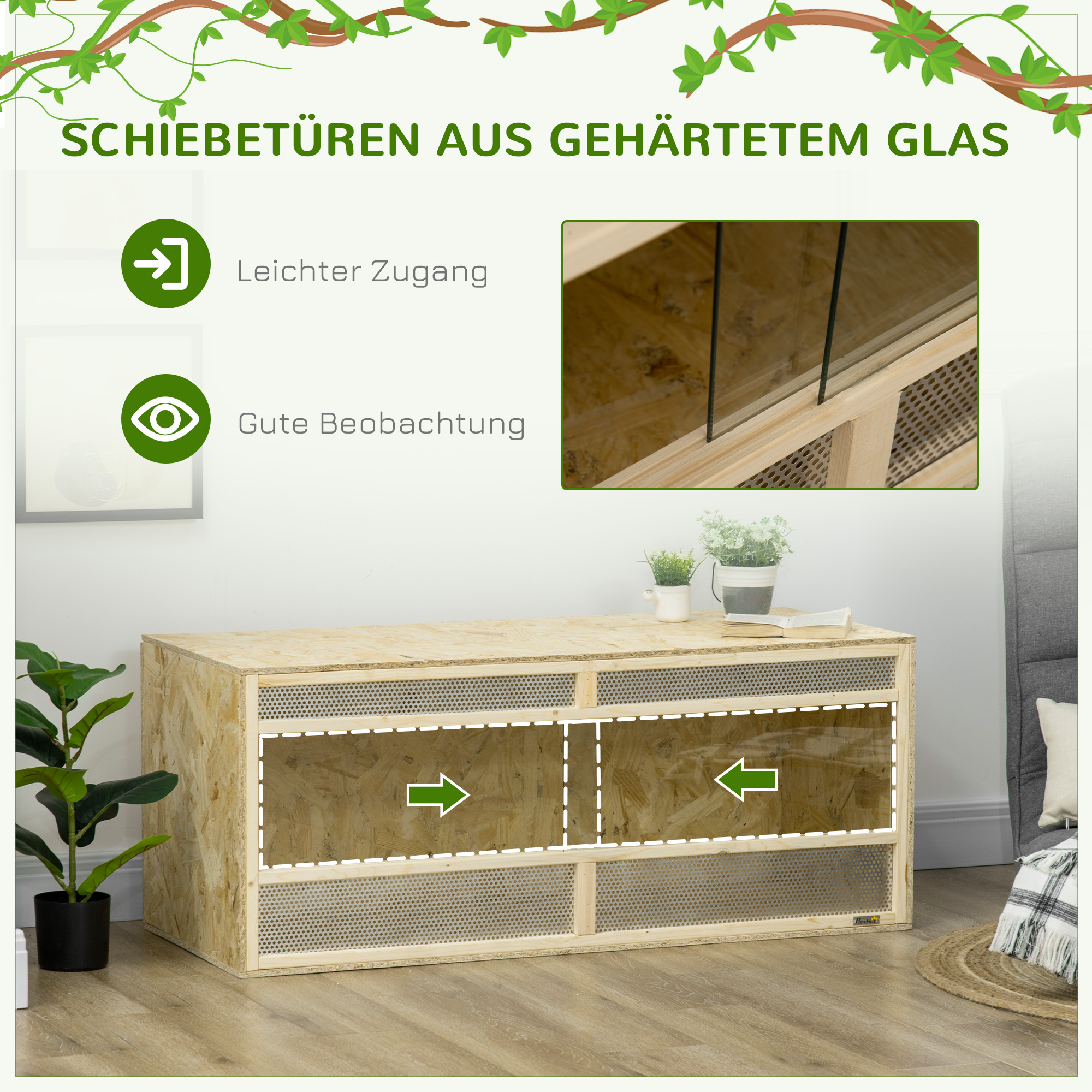 PawHut Terrarium voor Reptielen/Amfibieën, met Glazen Schuifdeuren, Ventilatiegrill, 120x50x50cm