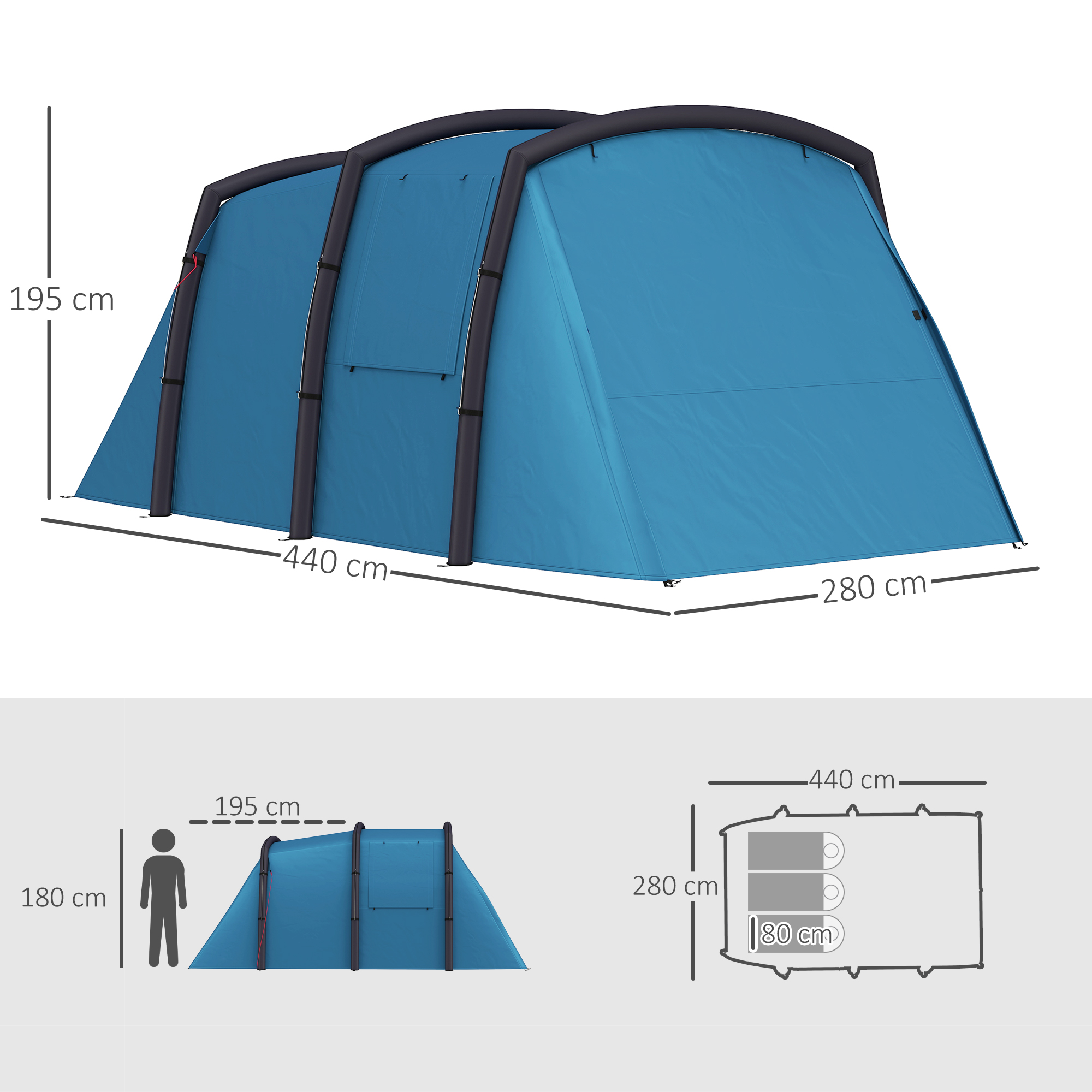 Outsunny Opblaasbare Campingtent 3-6 Personen Outdoor Tunneltent met Zijramen Deur Luchtsteunen 4,4 x 2,8 x 1,95 m Blauw