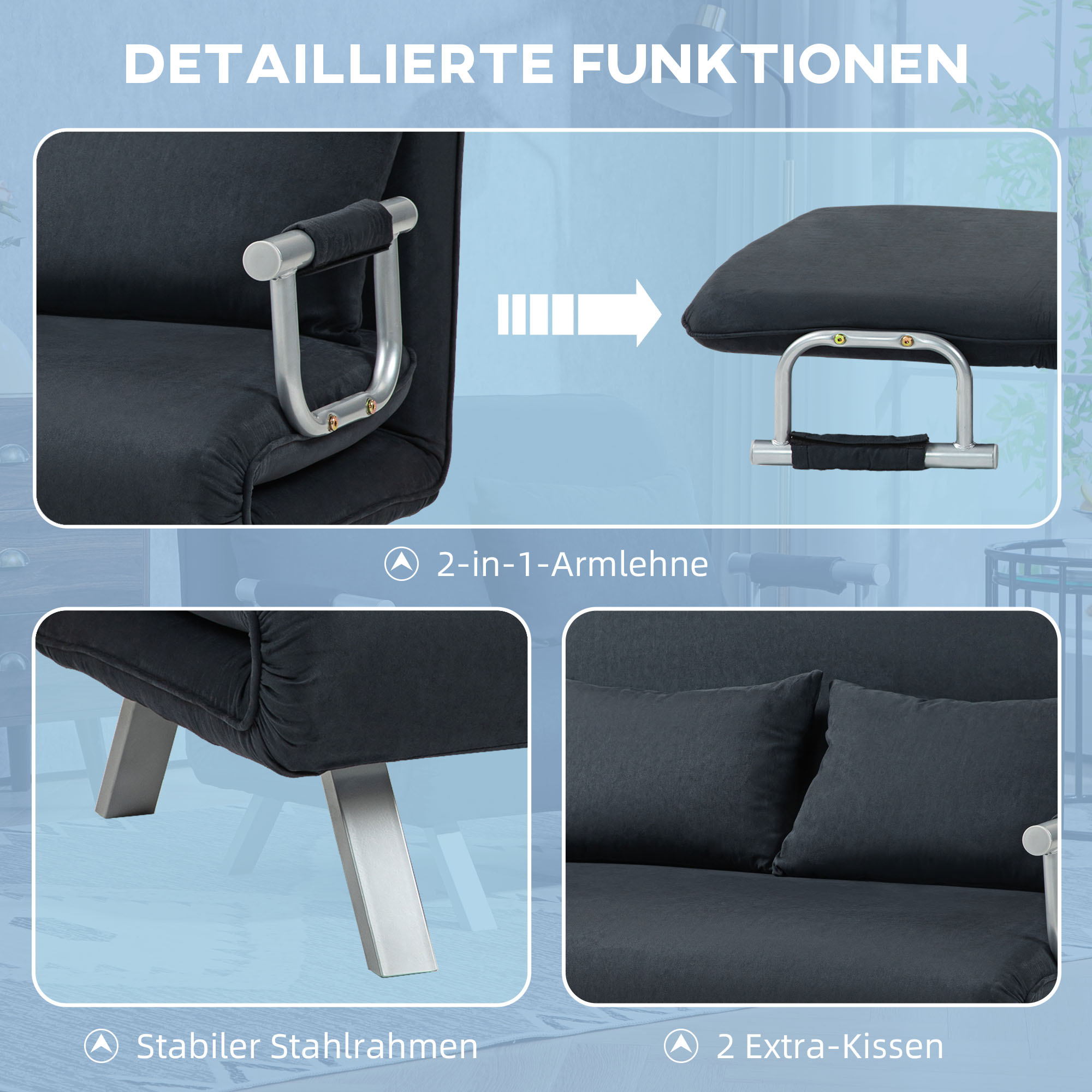 HOMCOM Slaapbank, 5-voudig verstelbaar, Suède-imitatie, Stalen frame, Incl. kussen, Zwart