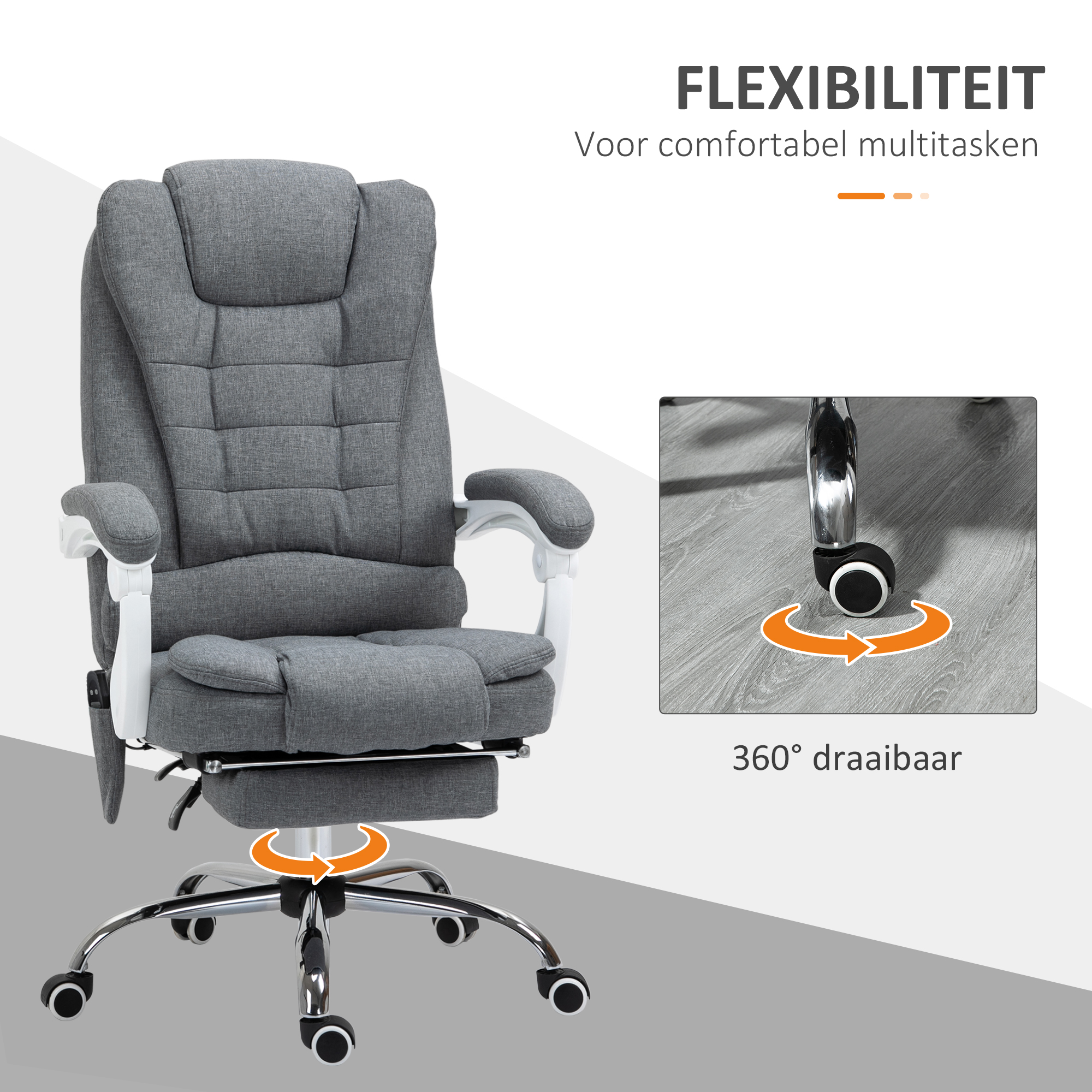 Vinsetto Ergonomische Massagestoel, 6 Vibratiepunten, Verstelbare Rugleuning, 360° Draaistoel, Grijs