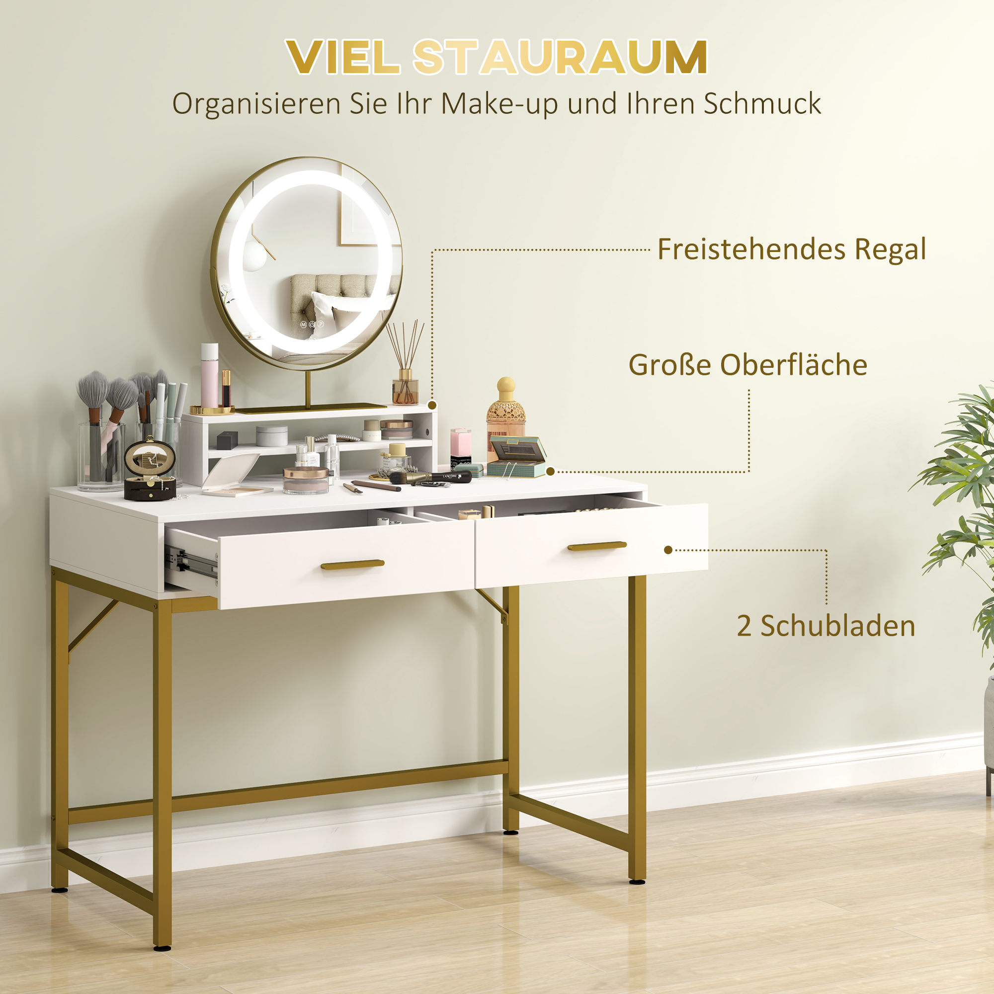HOMCOM Kaptafel met 360° Spiegel, LED-verlichting, 2 Laden, Wit/Goud