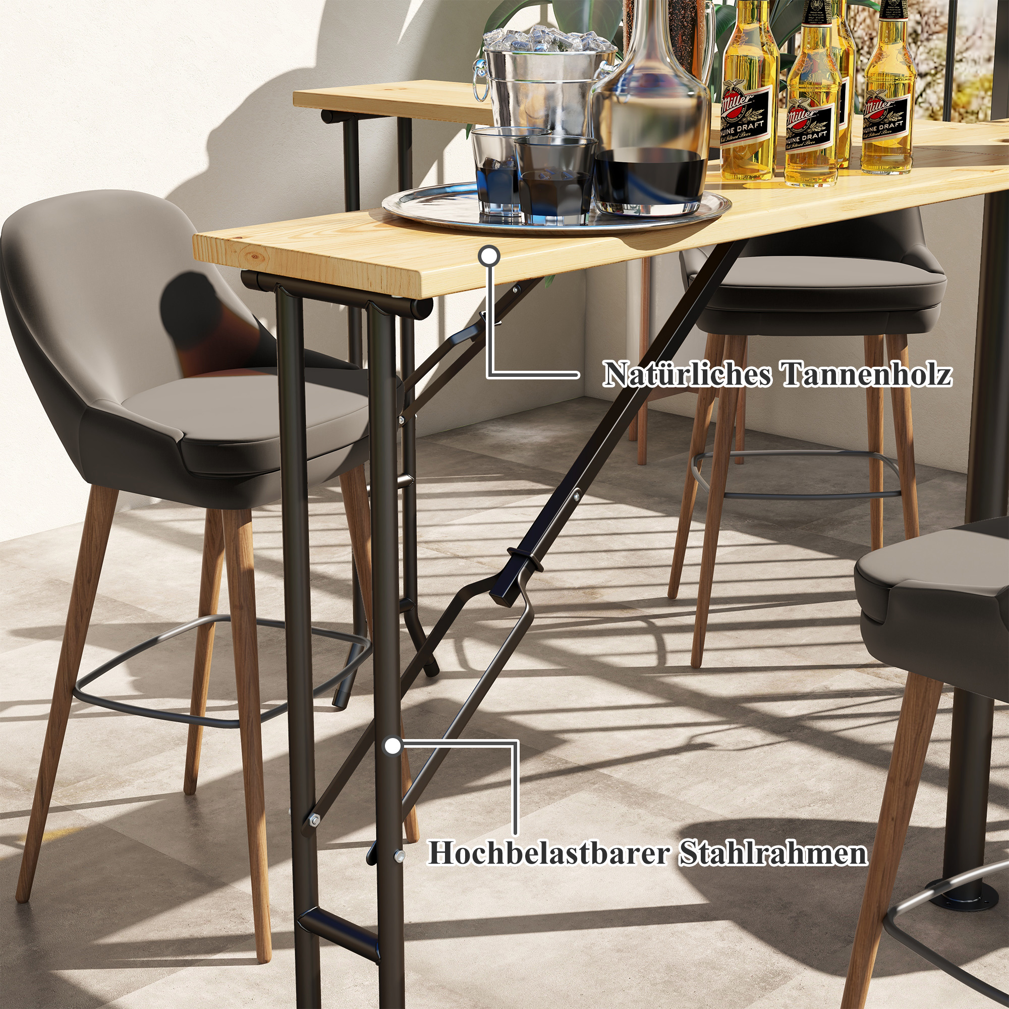 Outsunny Picknicktafel, Opvouwbare Buitentafel, voor 20 Personen, Weerbestendig, Metaal, Grenenhout, 2,4x2,4x1m, Natuur/Zwart