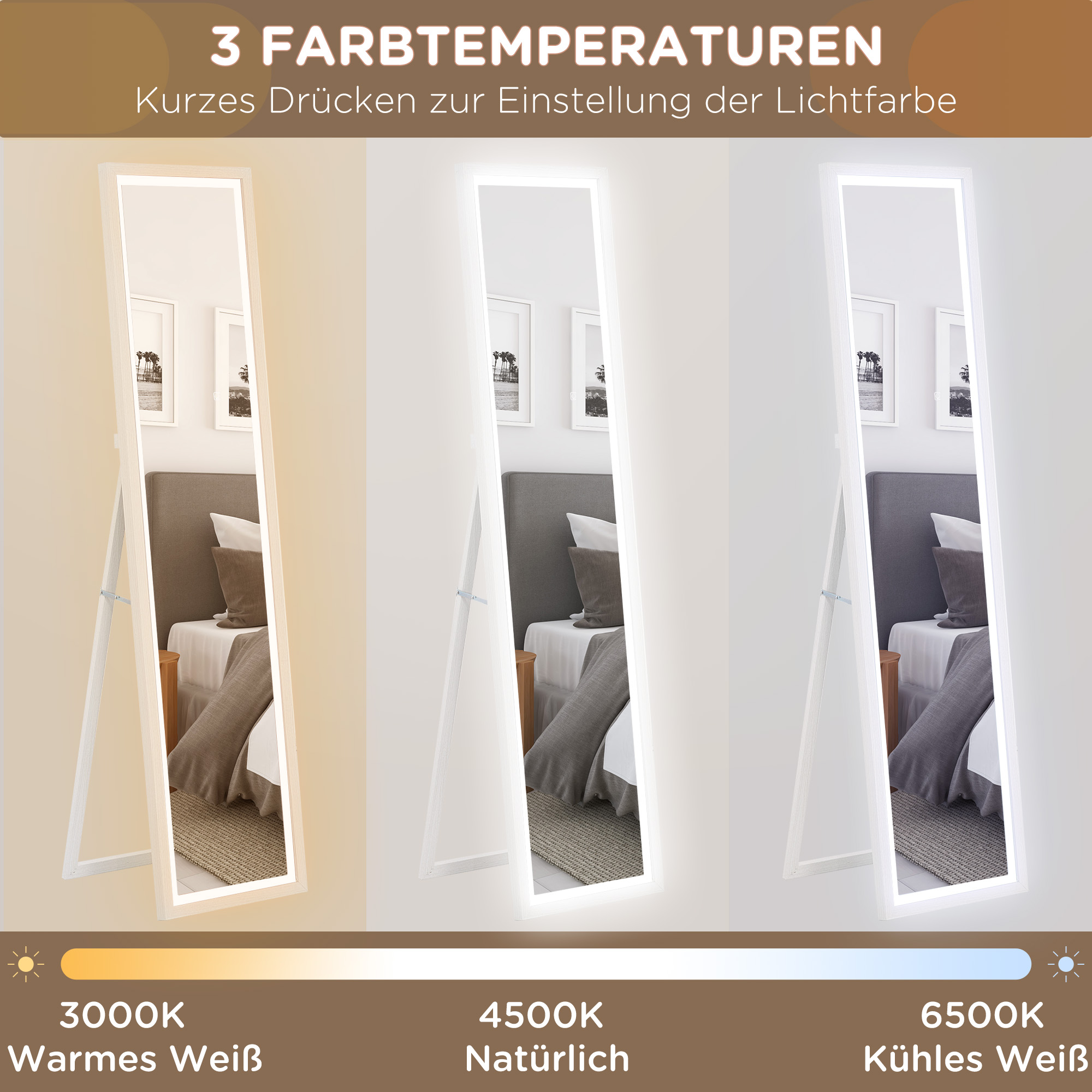 HOMCOM Volledige lengte spiegel, 40x160 cm, LED-verlichting, Touchbediening, dimbaar, 3 kleuren, Wit