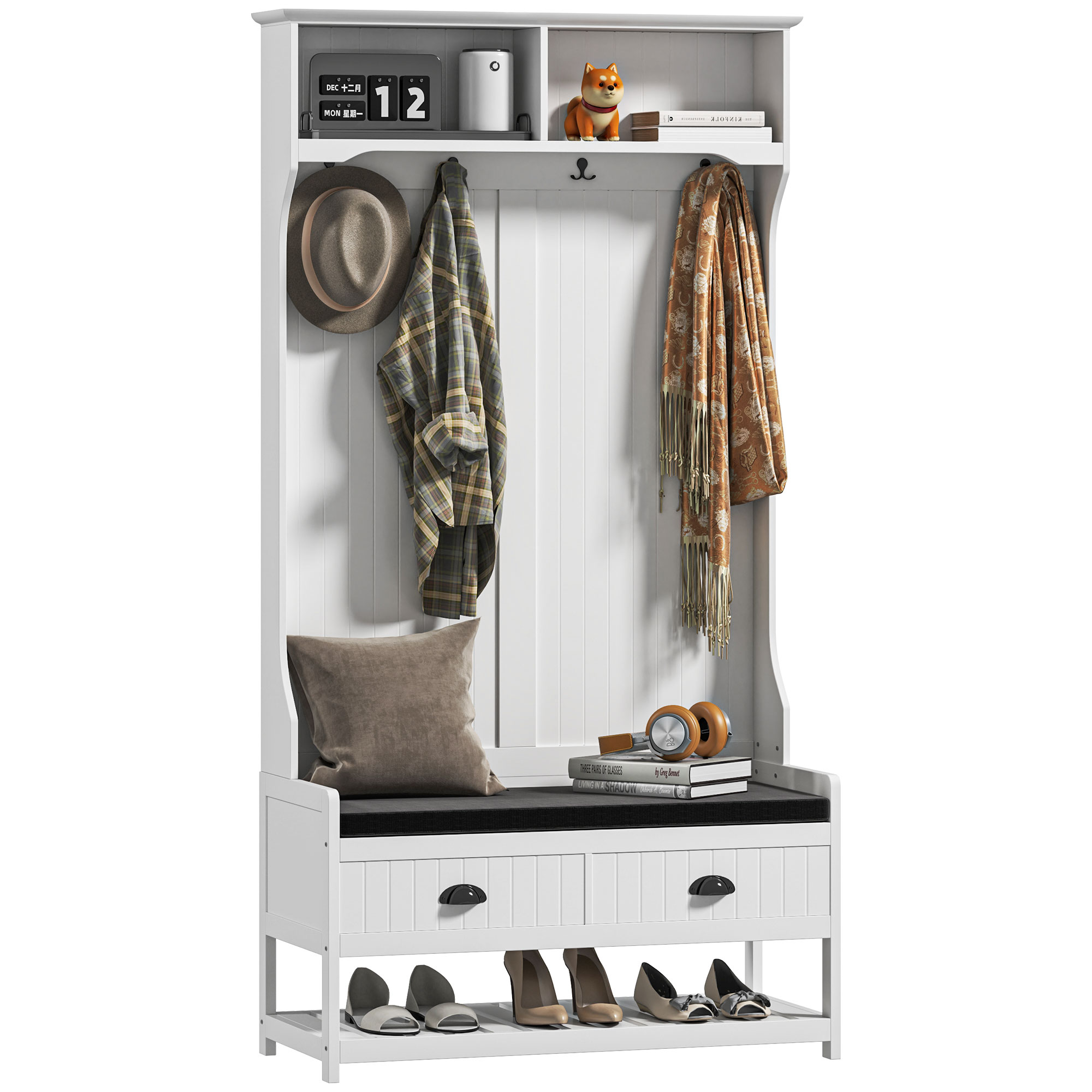 HOMCOM Kapstok met Haken, Garderobe met Schoenenbank, voor Entree, Hal, Metaal, MDF, Wit+Grijs