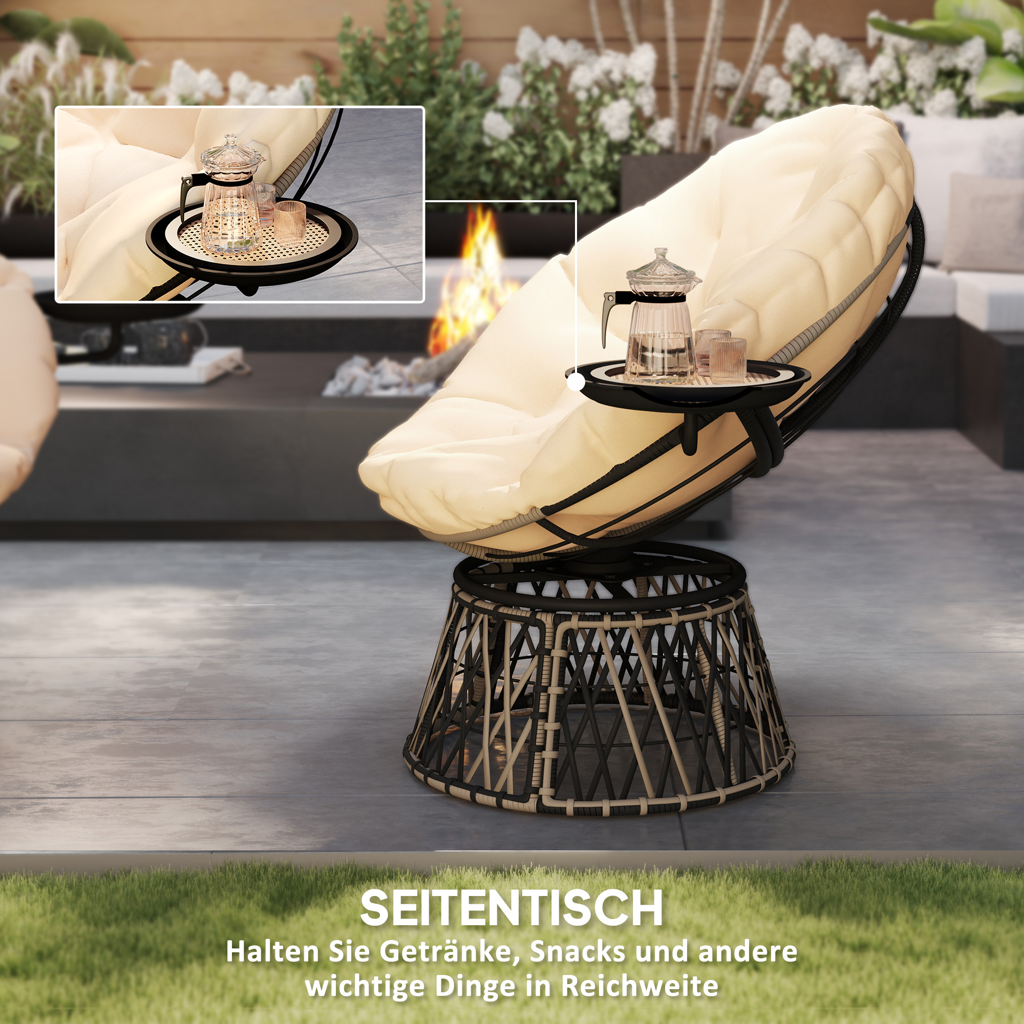 Outsunny 360° Draaibare Rattan Papasan Stoel met Kussen, Diameter 90 cm, Beige