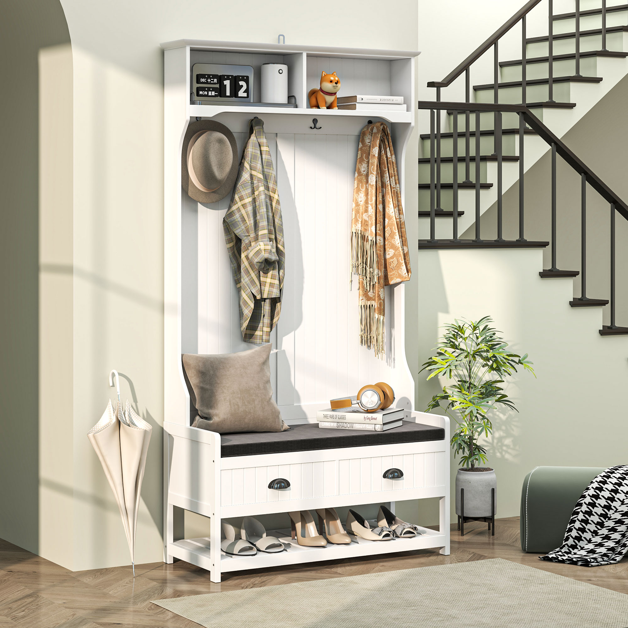 HOMCOM Kapstok met Haken, Garderobe met Schoenenbank, voor Entree, Hal, Metaal, MDF, Wit+Grijs