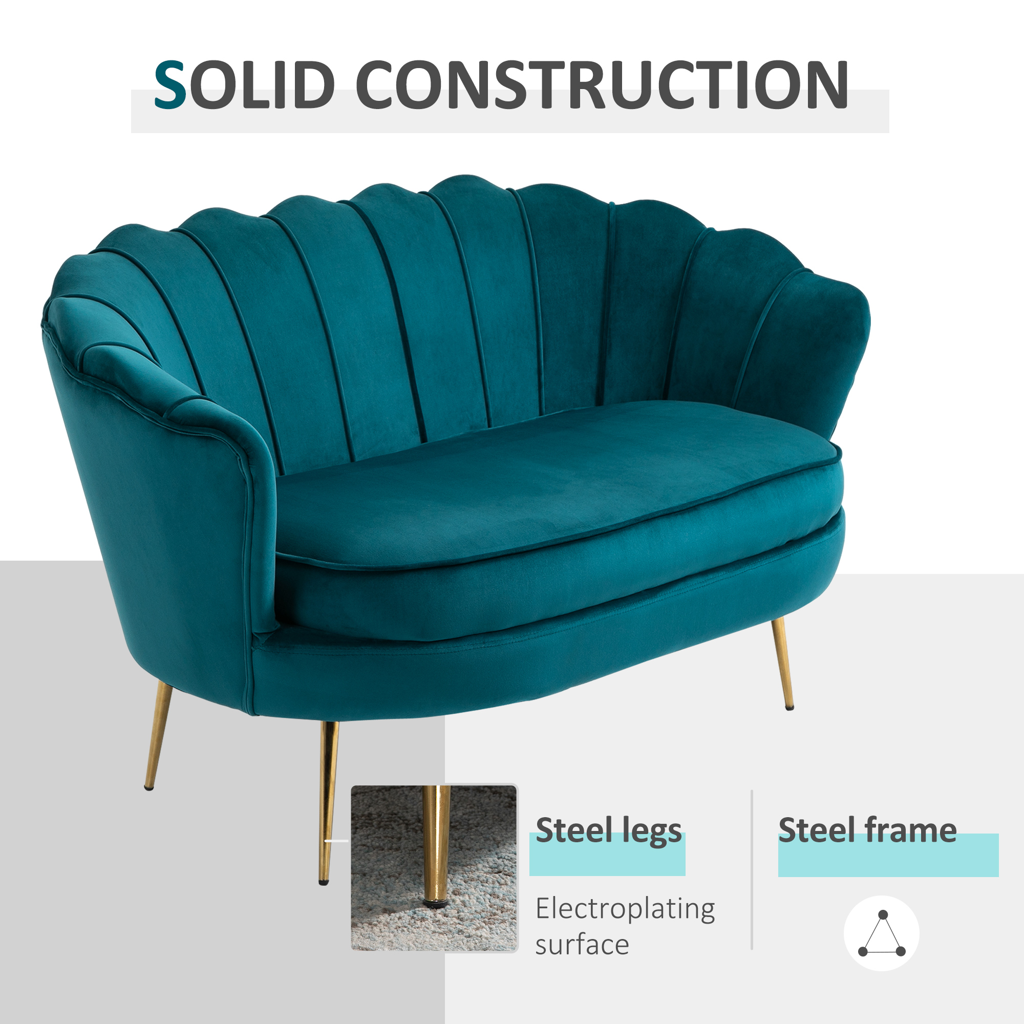 HOMCOM Tweezitsbank, Sofa, Gepolsterde Bank, Samtlook, Dubbelzitbank, tot 150 kg belastbaar, 130 x 77 x 77 cm, Donkergroen