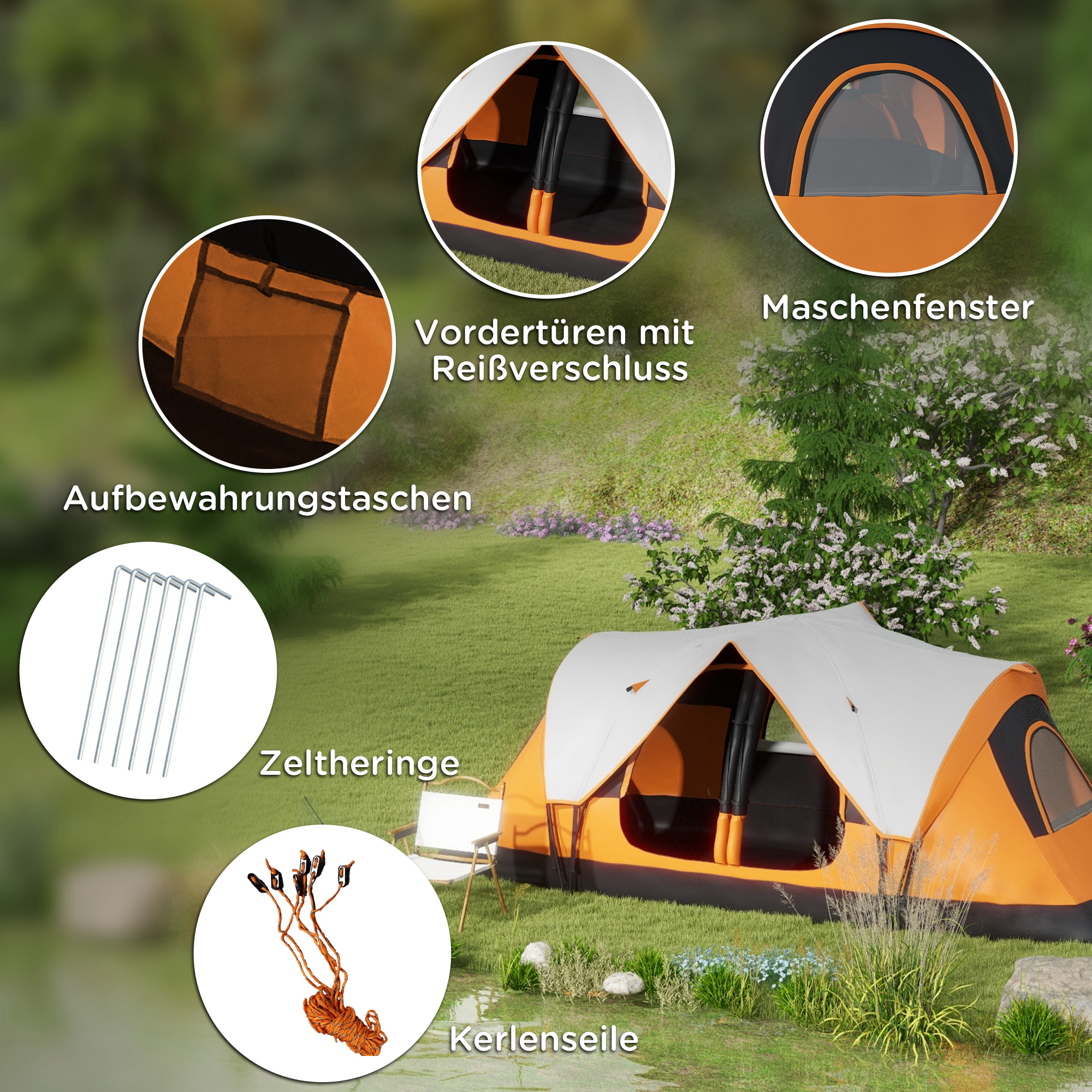 Outsunny Campingtent, Dubbele Kamer, Scheidingswand, Geschikt voor 8 Personen, Met Regenbescherming, Oranje