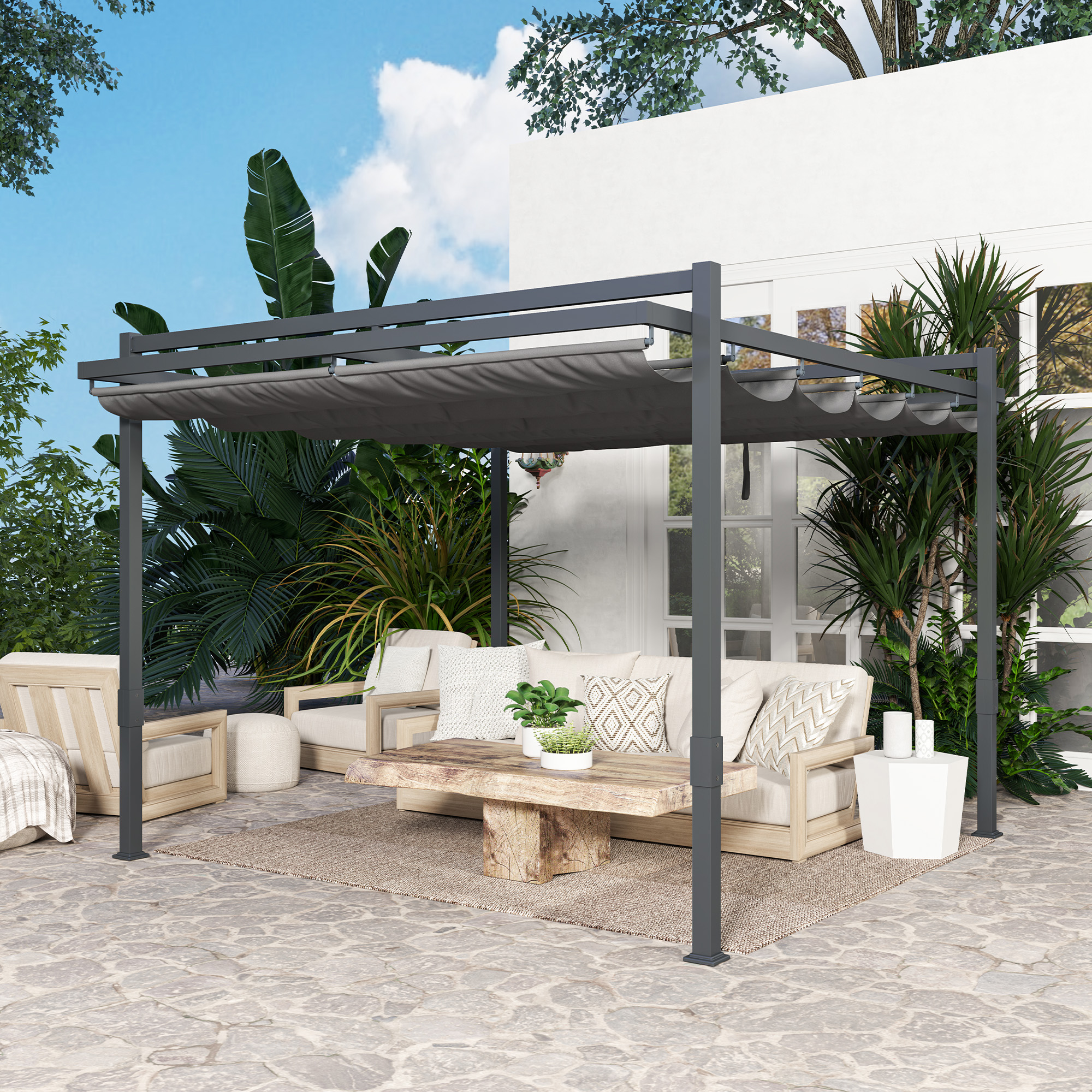 Outsunny Pergola met Schuifdak ca. 3,5x3m Aluminium Duurzaam Winterbestendige Zonwering Grijs
